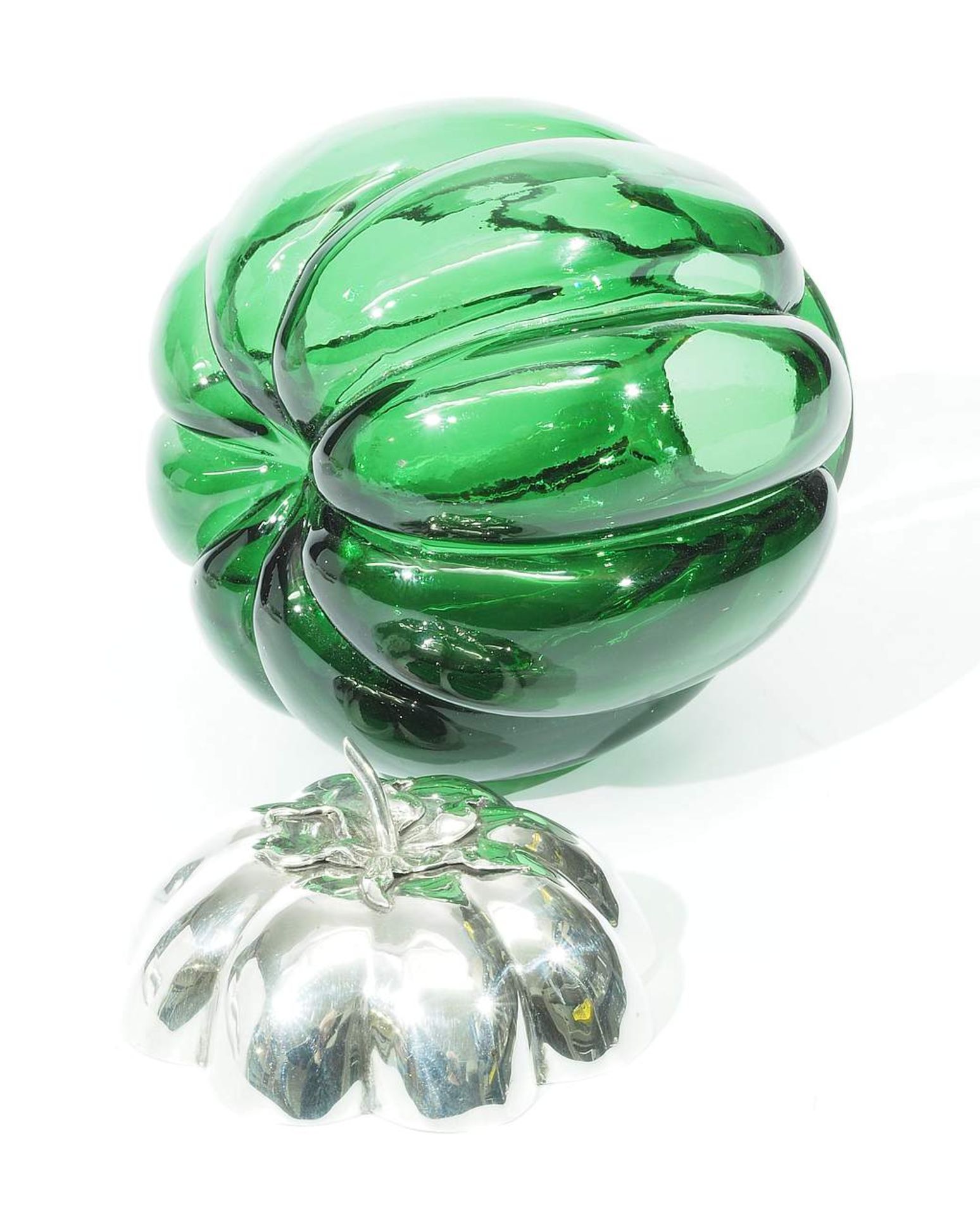 Glasdose in Fruchtform "Kürbis" mit Silberdeckel. Silberschale im Art Déco.  - Bild 5 aus 7