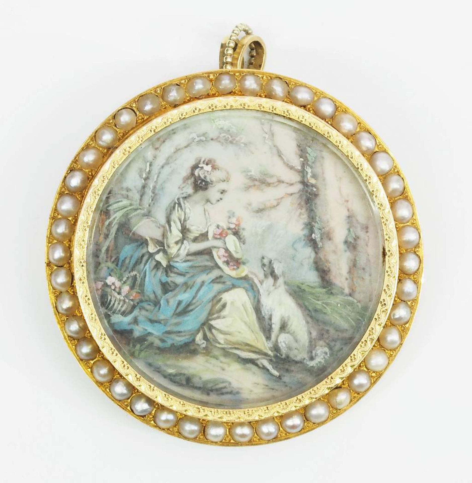 Antike Brosche mit Anhängerschlaufe, Perlen, und Miniatur. - Bild 2 aus 5