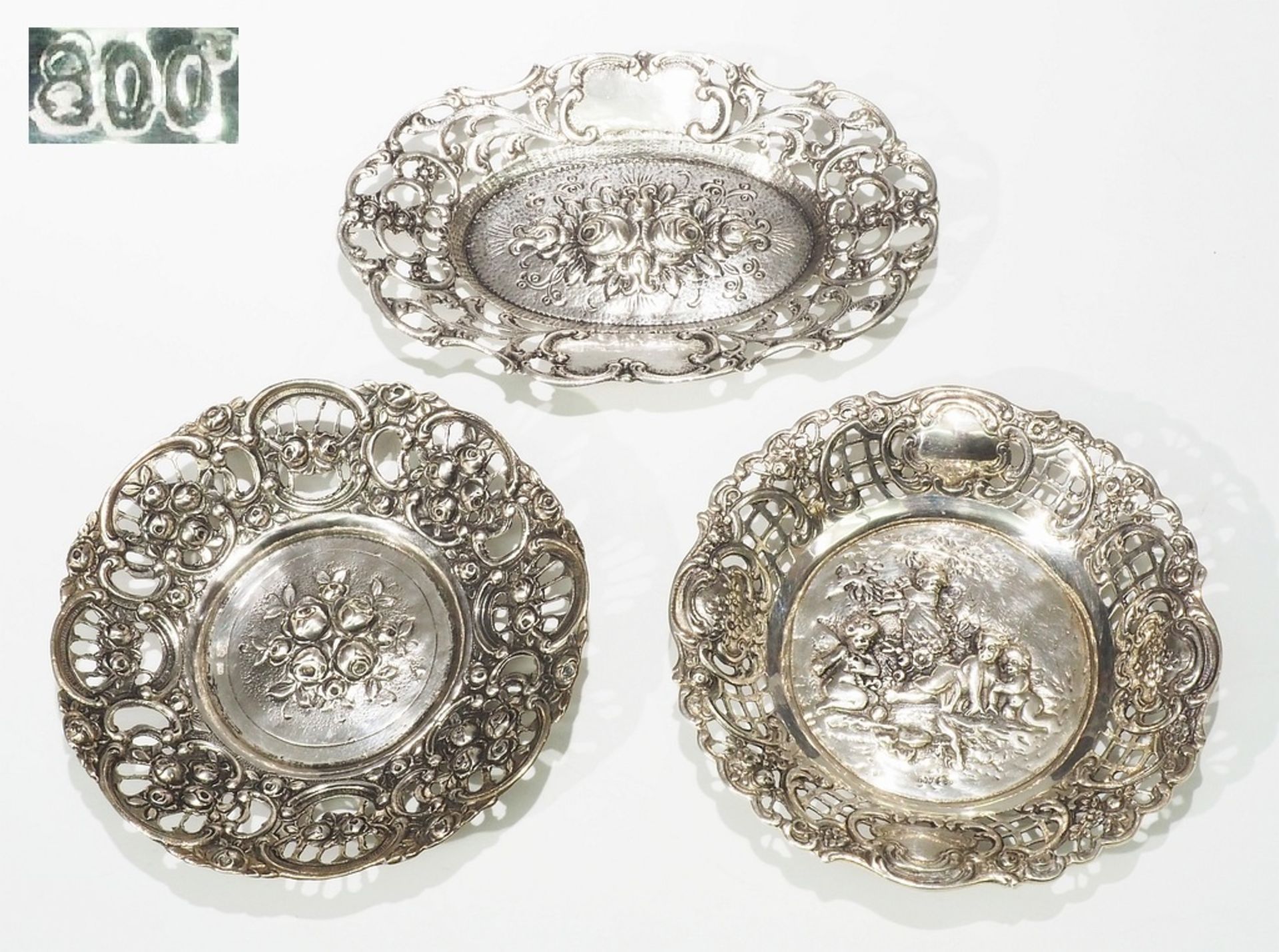 Set von drei Duchbruchschalen, Deutsch, 800er Silber.