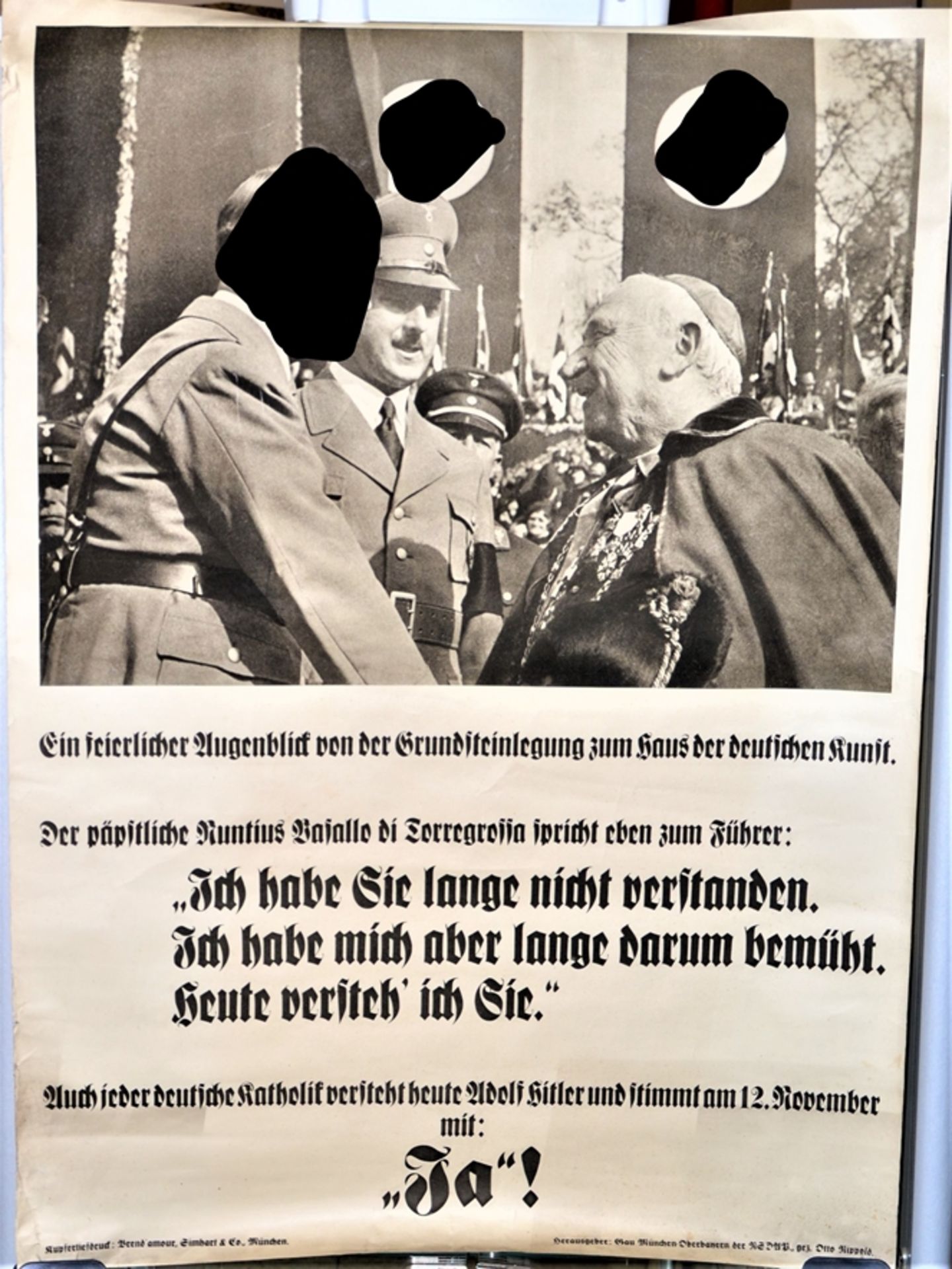 Plakat NS-Zeit Grundsteinlegung zum Haus der Kunst, Adolf Hitler schüttelt dem päpstlichen Nuntius