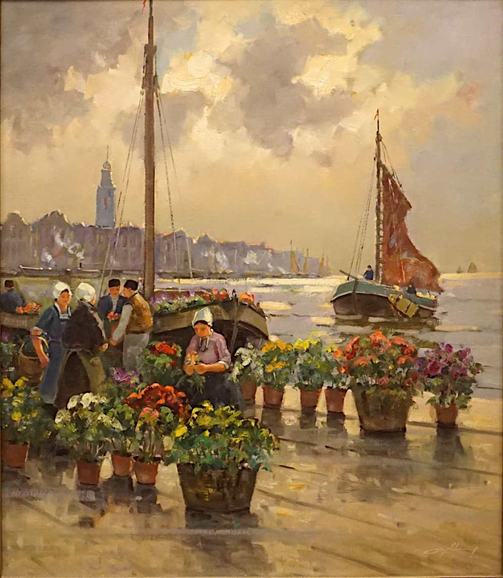 1 Ölgemälde "Blumenmarkt in Amsterdam", R.u. undeutl. sign. wohl GOLDBERG,(wohl Karl