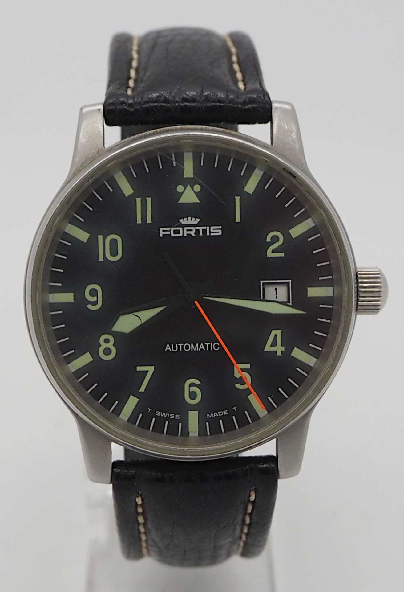 1 Herrenarmbanduhr Edelstahl FORTIS Automatik Lederband Tsp.