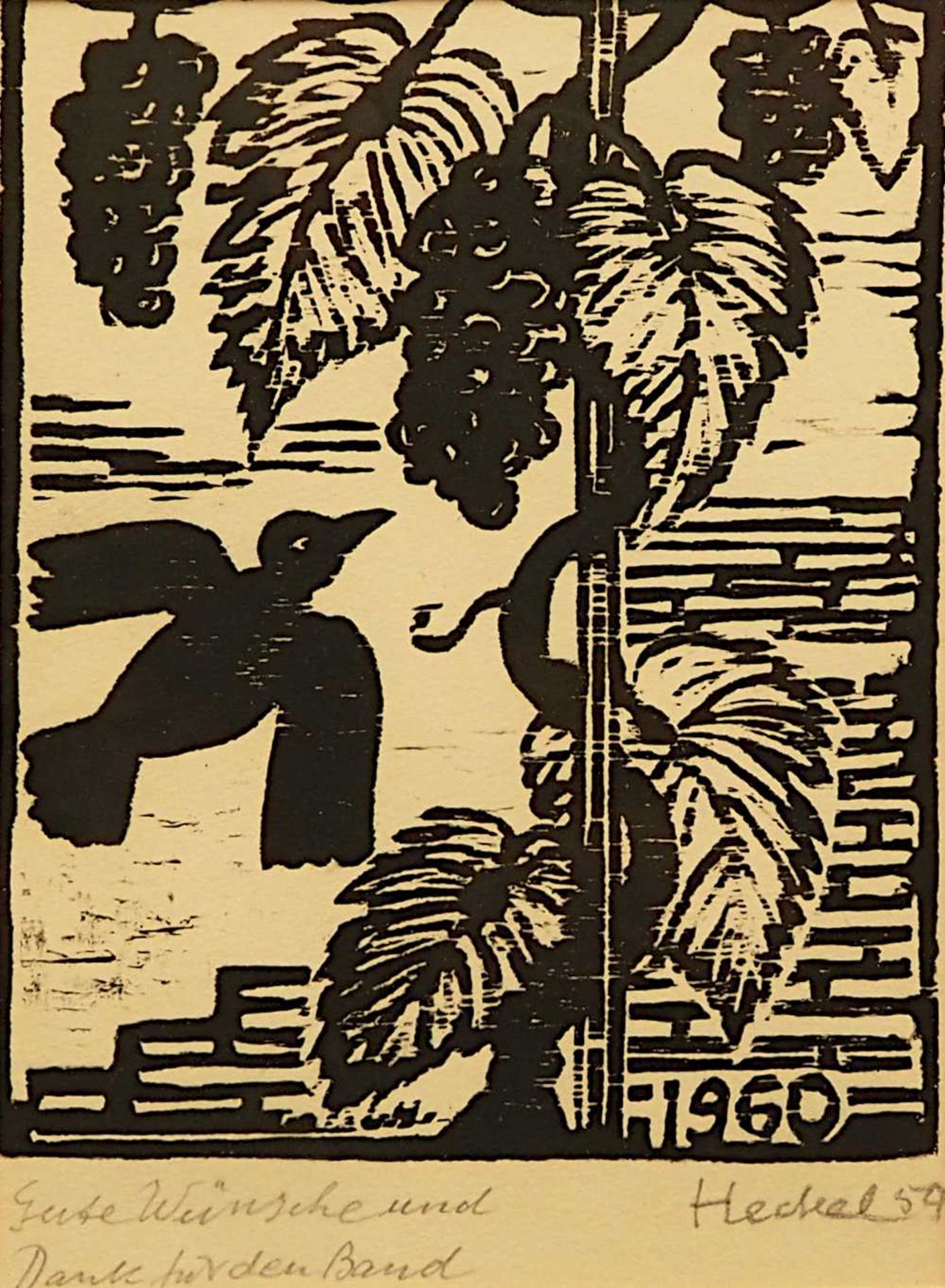 1 Holzschnitt "29. Jahresblatt: Vogel und Trauben", R.u. bleistiftsign. HECKEL(wohl Er