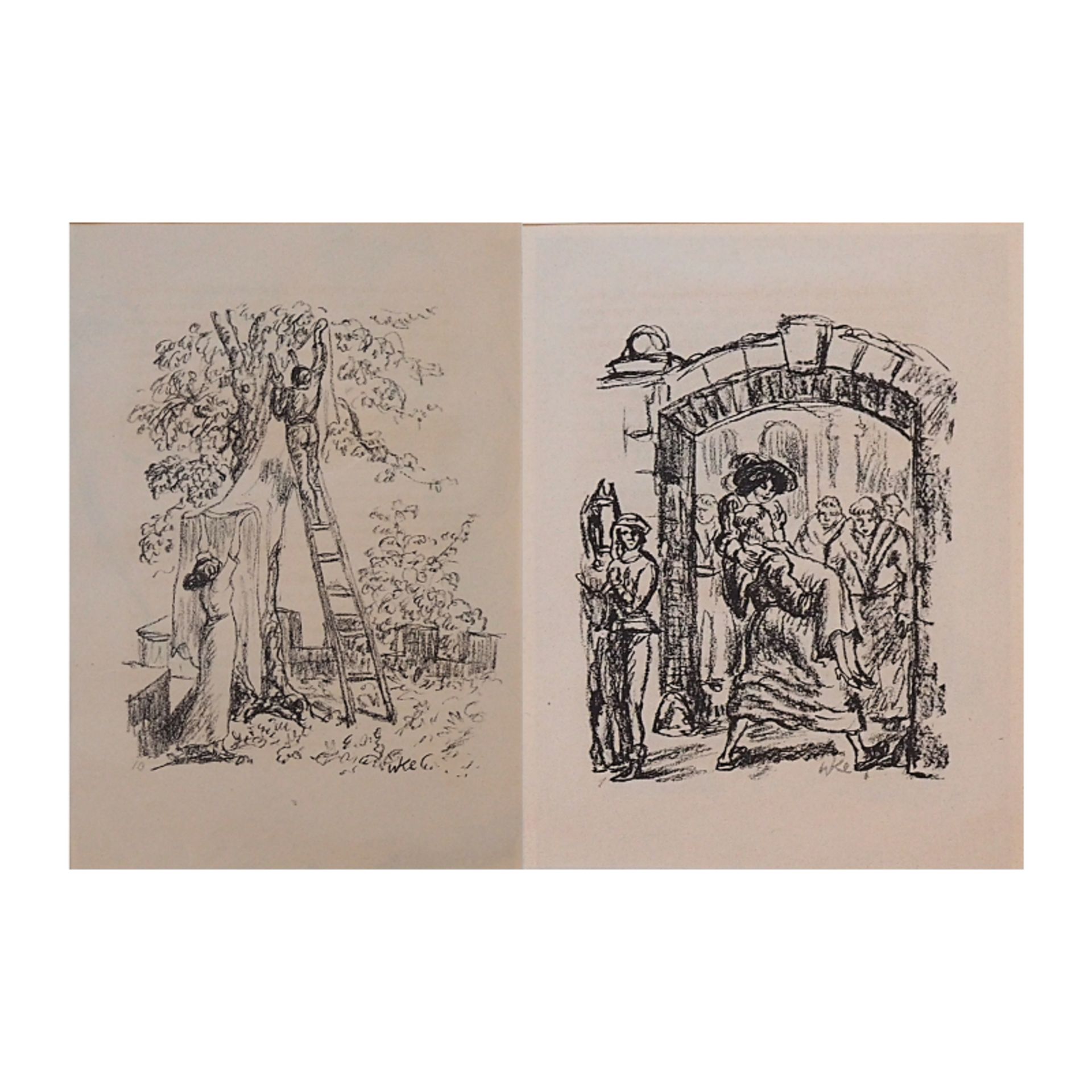 2 Lithografien "Hilfe bei der Arbeit" "Die Herzogin"Walter KLEMM (wohl 1883-1957), Asp
