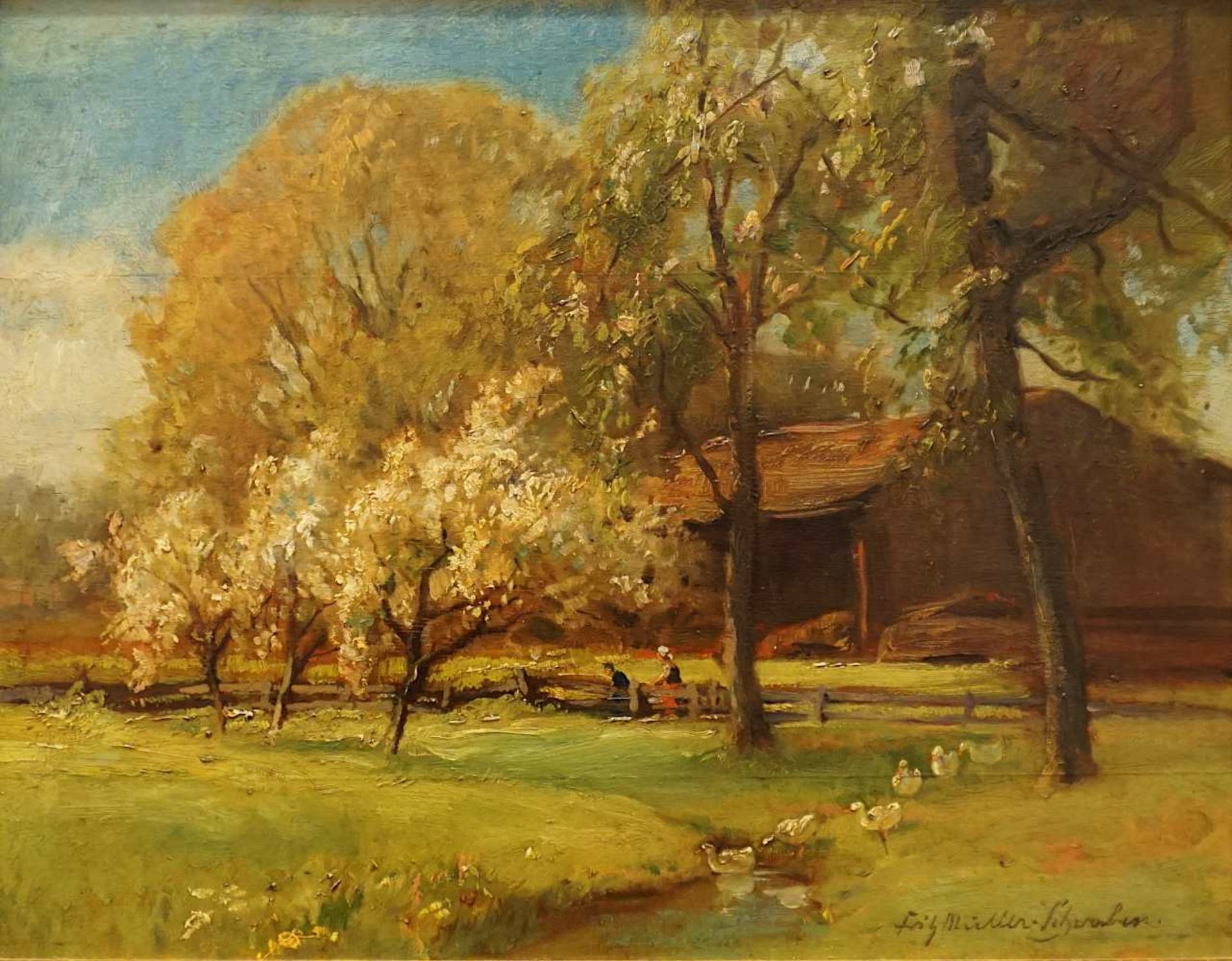 1 Ölgemälde "Frühlingsidylle mit Entenkolonne" R.u. sign. Fritz MÜLLER-SCHWABEN (w