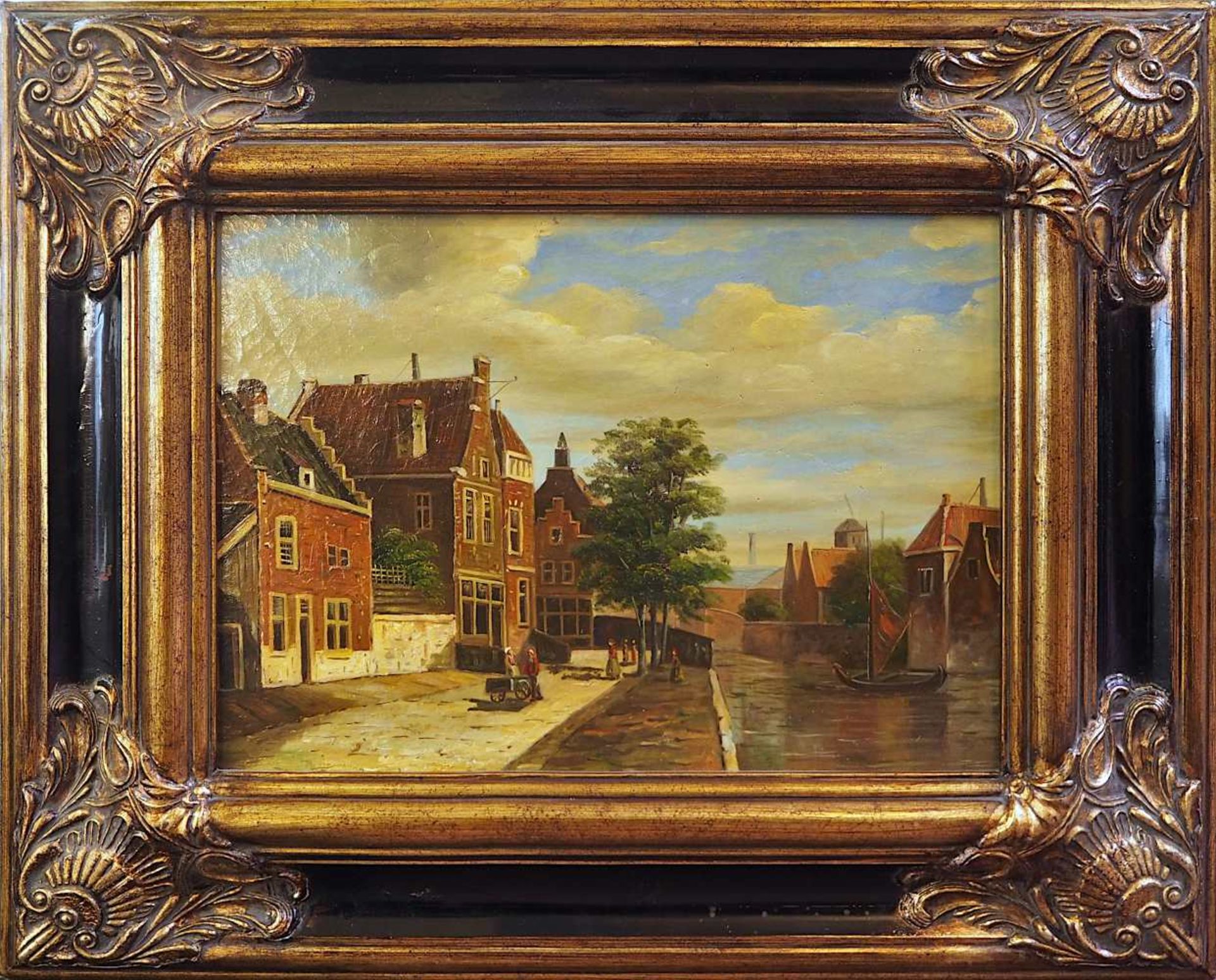 1 Ölgemälde "Holländische Grachtenszene" unsign. Öl/Platte, ca. 28x38cm, Holzra. z - Bild 2 aus 4