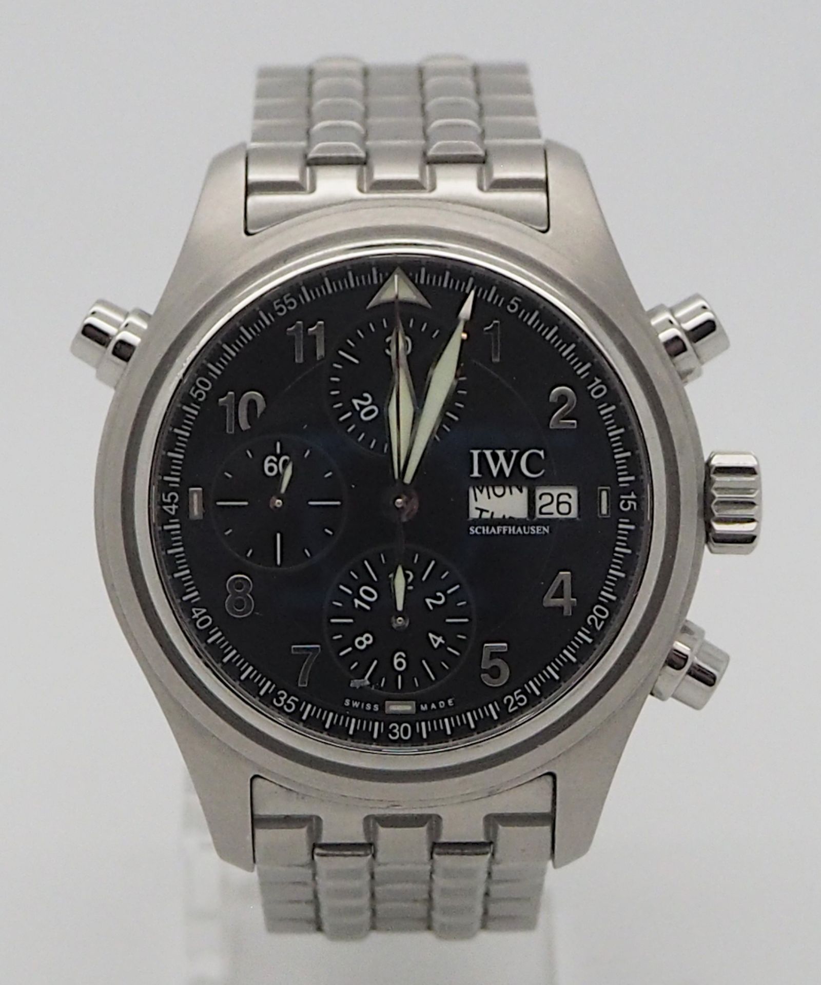 1 Herrenarmbanduhr IWC "Der Doppelchronograph" Edelstahl Papiere, laut Rechnung 2006: