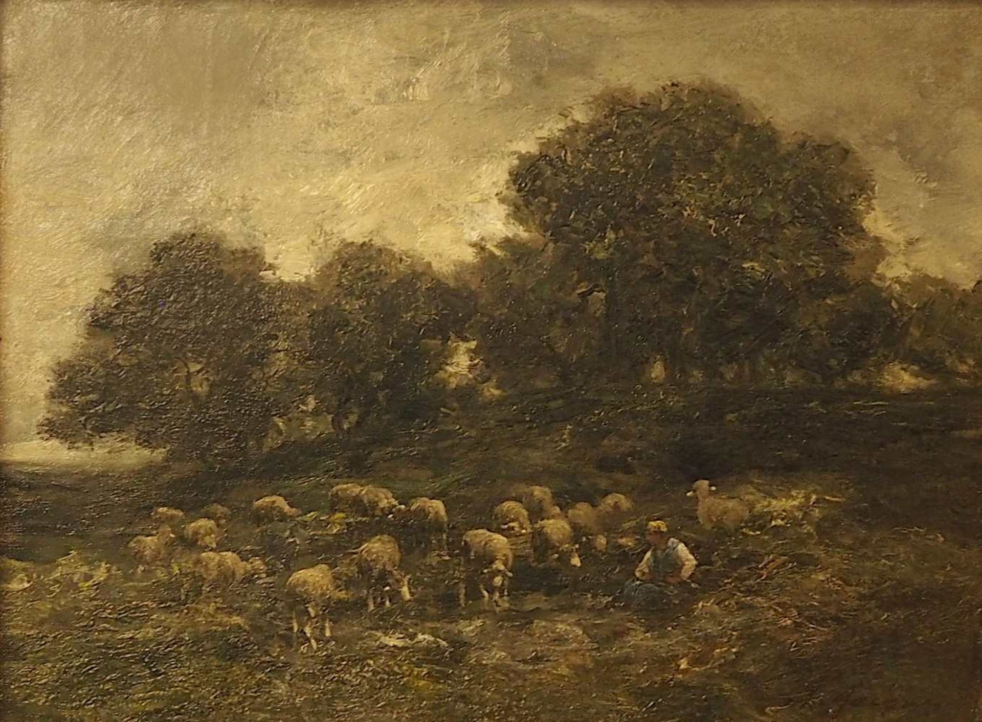 1 Ölgemälde "Schafhirte mit seiner Herde" R.u. sign. Ch. JACQUE (wohl Charles Emile