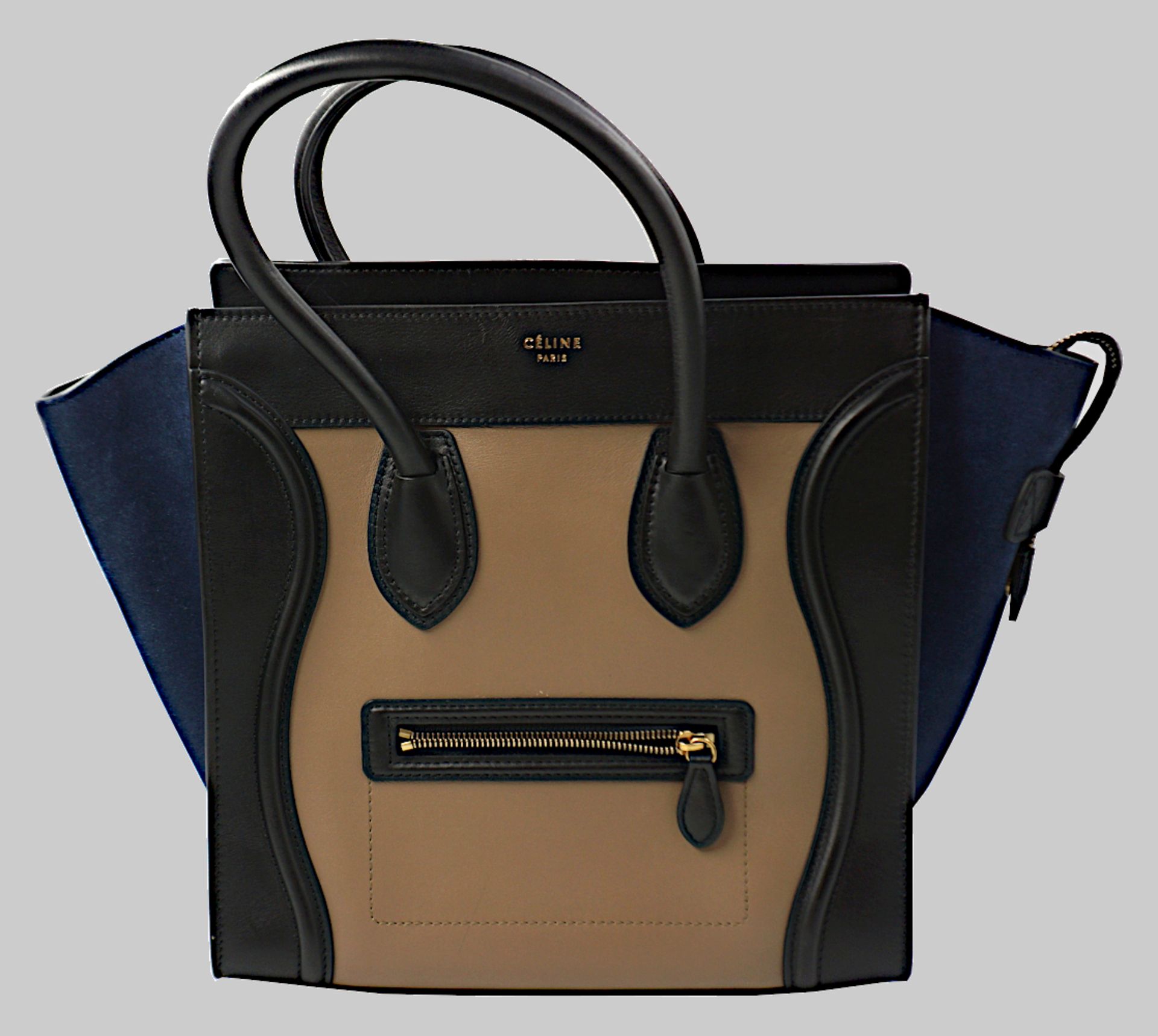 1 Damenhandtasche CÉLINE Paris Modell: "Luggage" Kalbsleder, beige/schwarz/blau, Stau