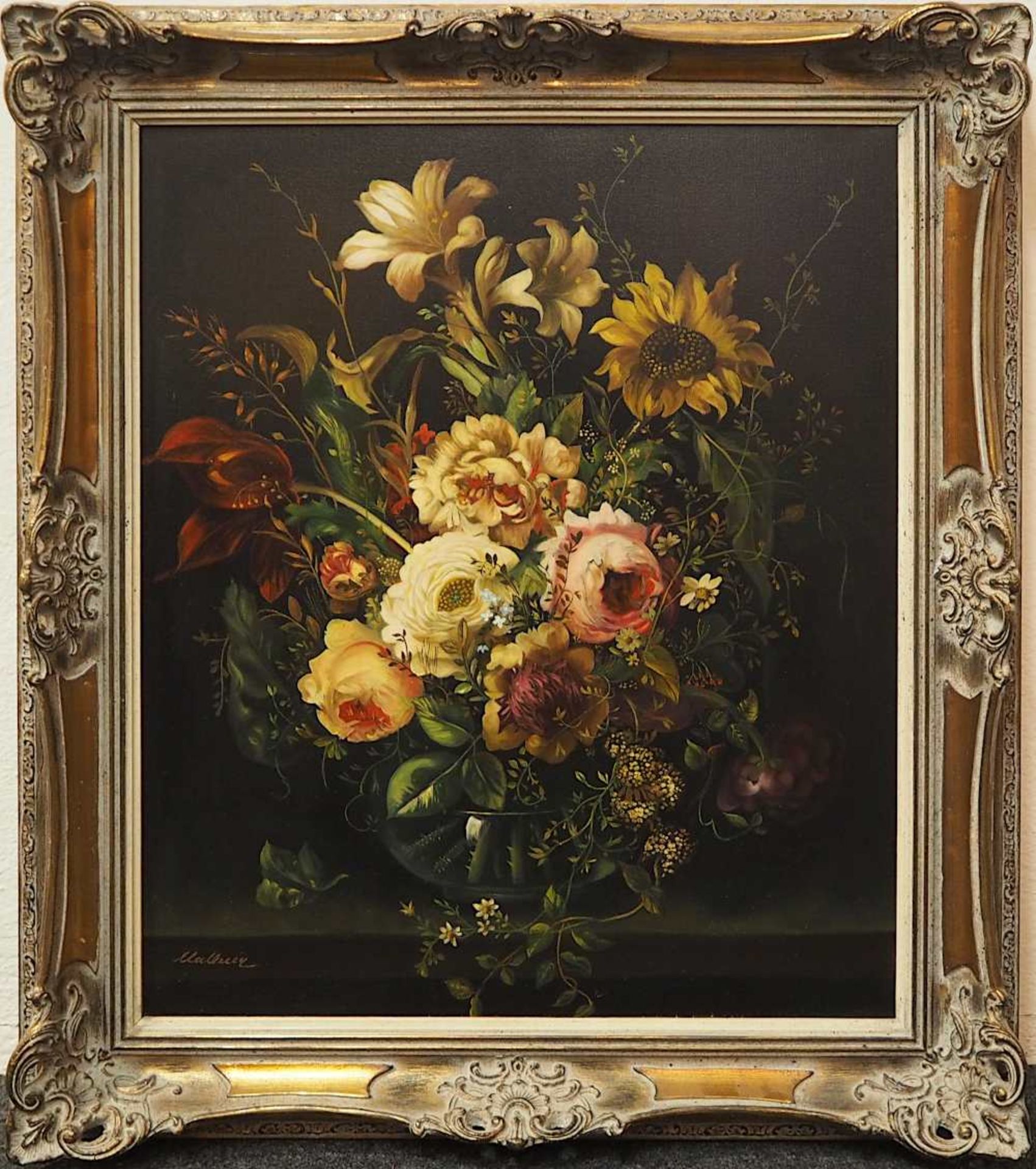 1 Ölgemälde "Blumenstillleben mit Rosen und Sonnenblume" L.u. sign. MALLNEY (wohl ge - Bild 2 aus 4