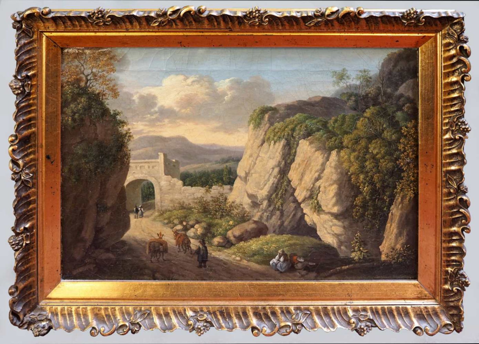 1 Ölgemälde "Landschaft mit Torbogen und Eseltreiber" unsign. (wohl um 1830) Öl/Lwd - Bild 2 aus 4