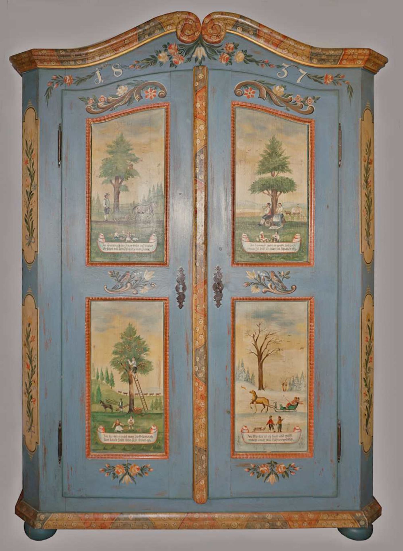 1 Bauernschrank 20. Jh., Holz bemalt bez. "1837", 2-türig, in Kassetten Darstellung d