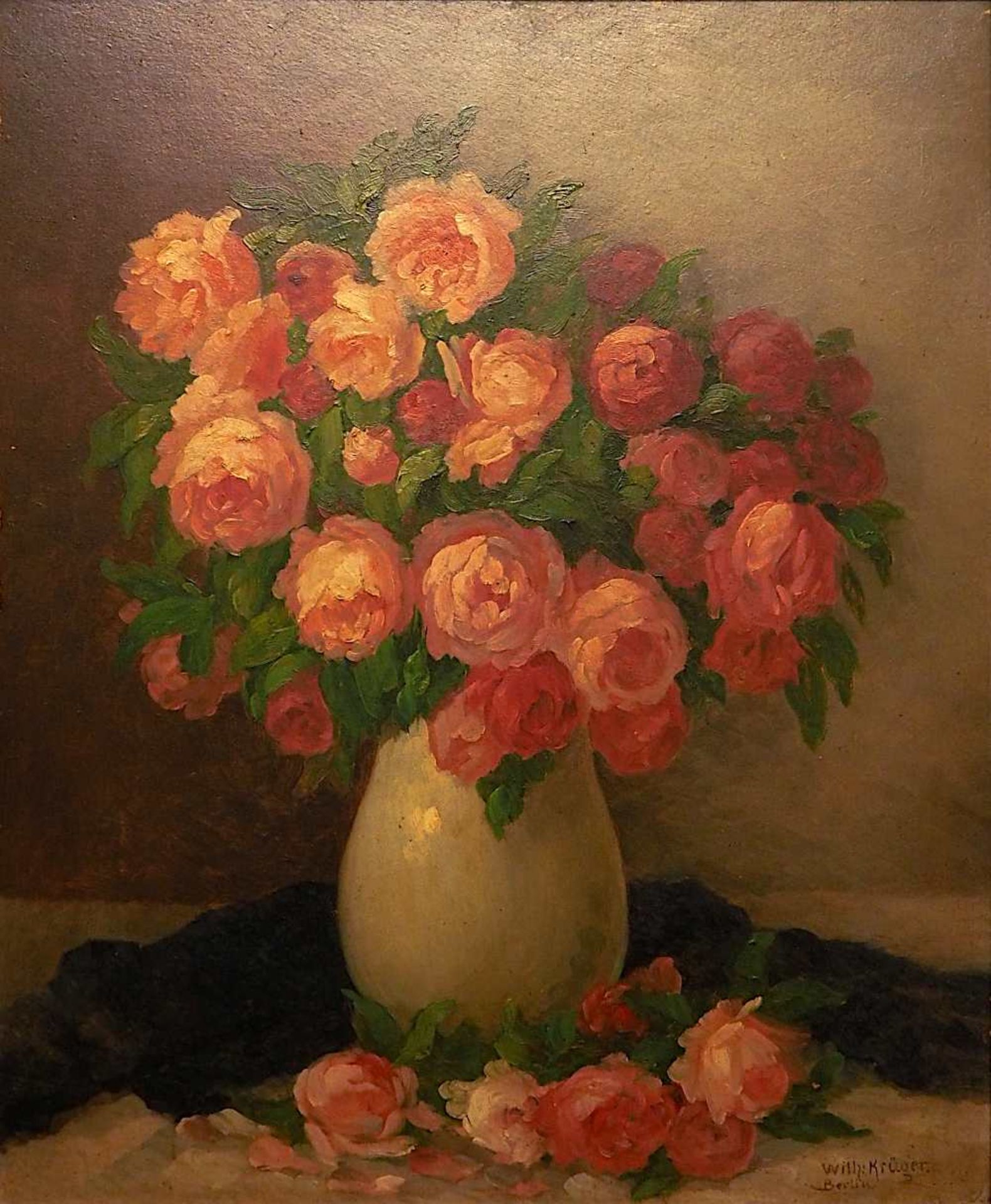 1 Ölgemälde "Rosenstrauß in Vase" R.u. sign. Wilh. KRÜGER (wohl Wilhelm K. 1860-?)