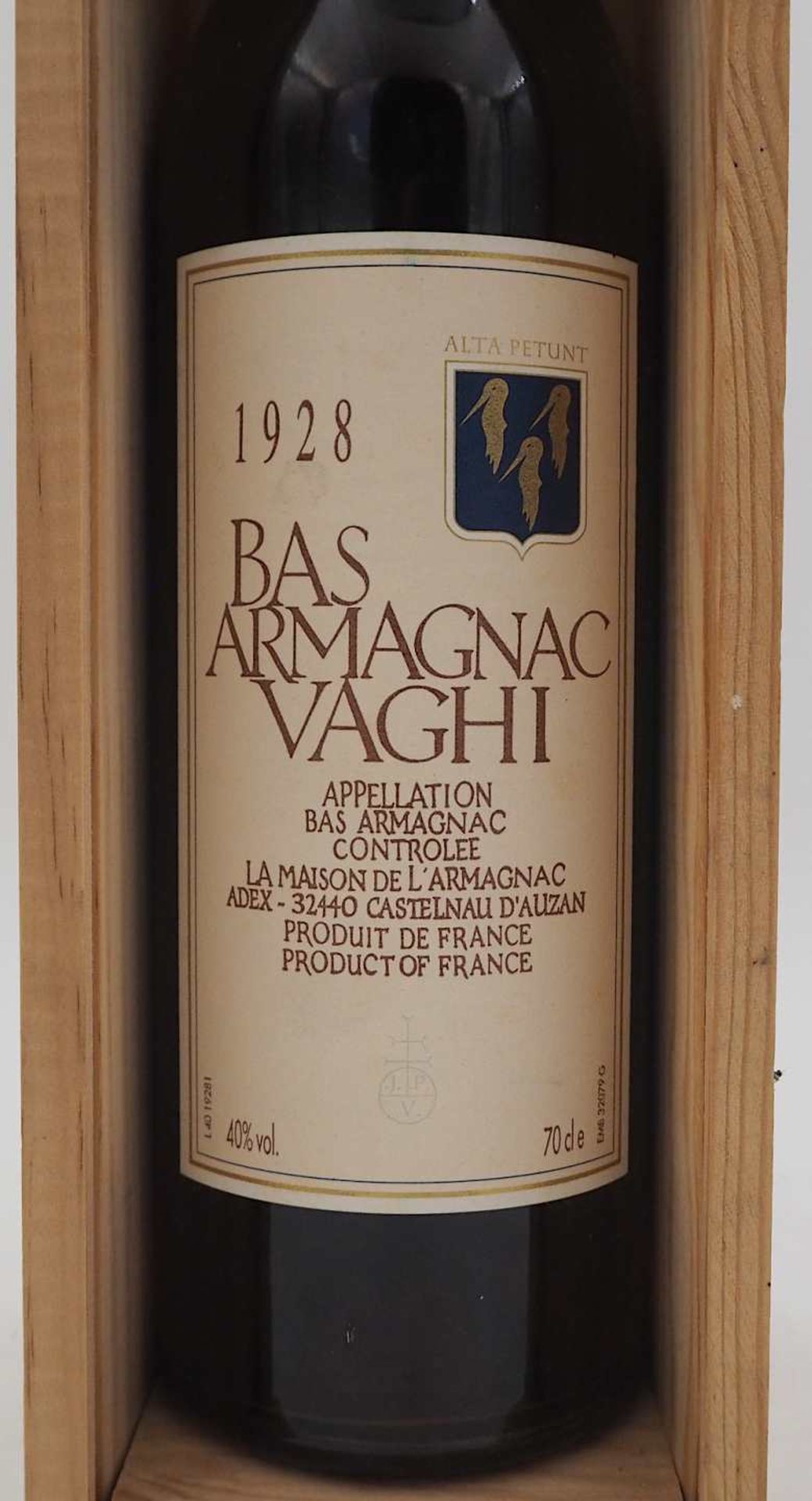 1 Flasche 1928 Bas Armagnac Vaghi in Holzkiste Provenienz: Weinkeller der Villa eines - Bild 2 aus 3