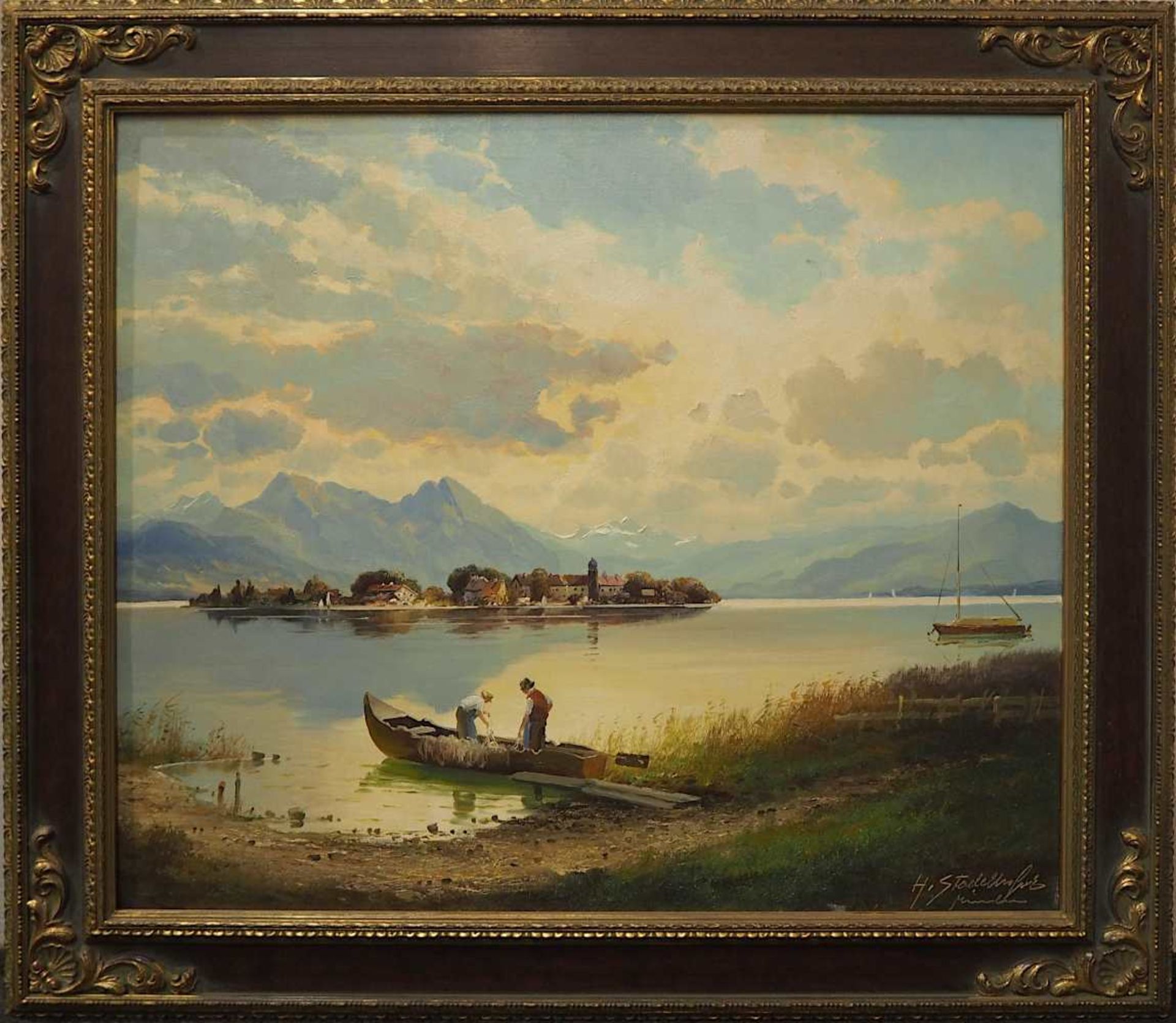 1 Ölgemälde "Chiemsee-Fischer mit Frauenkirche" R.u. sign. H. STADELHOFER (wohl Helm - Bild 2 aus 4