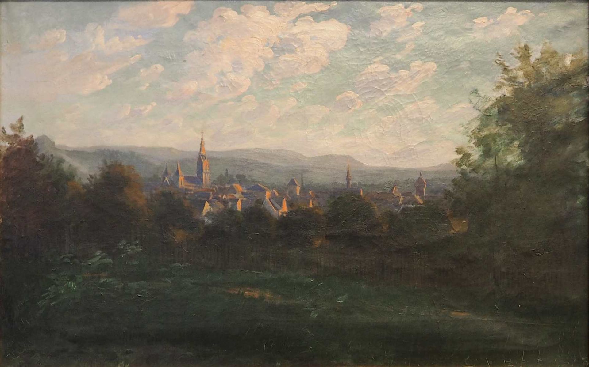 1 Ölgemälde "Abendstimmung über einer Stadt" unsign. (wohl 20. Jh.) Öl/Lwd., ca. 4