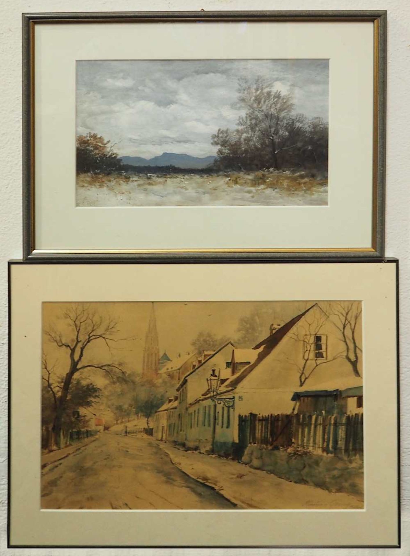 2 Aquarelle des Künstlers Fritz HAID (wohl 1906-1986): "Dorfstraße mit neogotischem