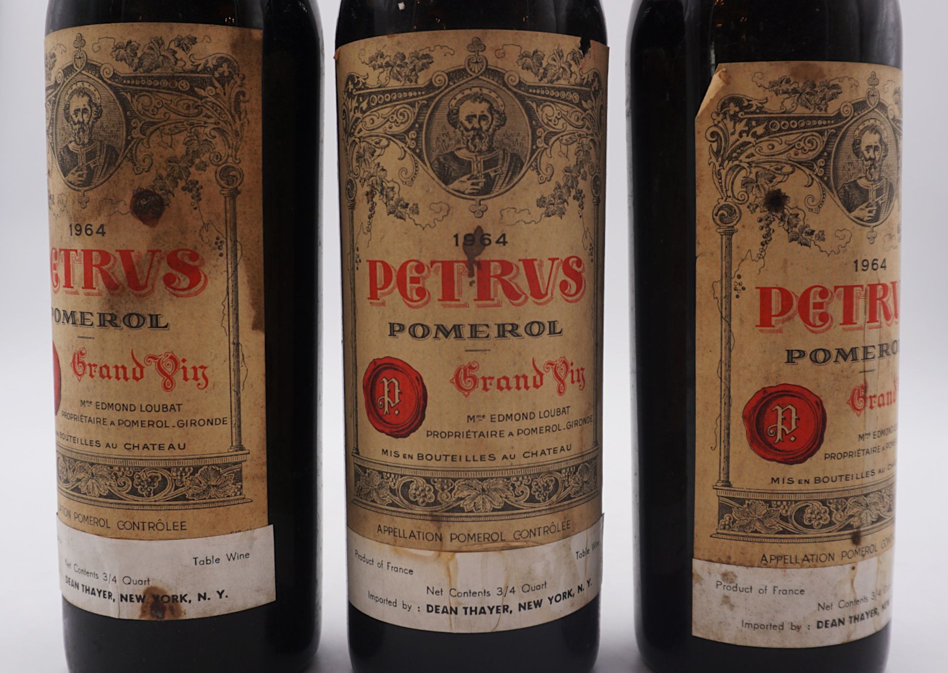 3 Flaschen Petrus Pomerol Grand Vin 1964 mit Label Dean Thayer New York Importeur, Fü - Bild 3 aus 3