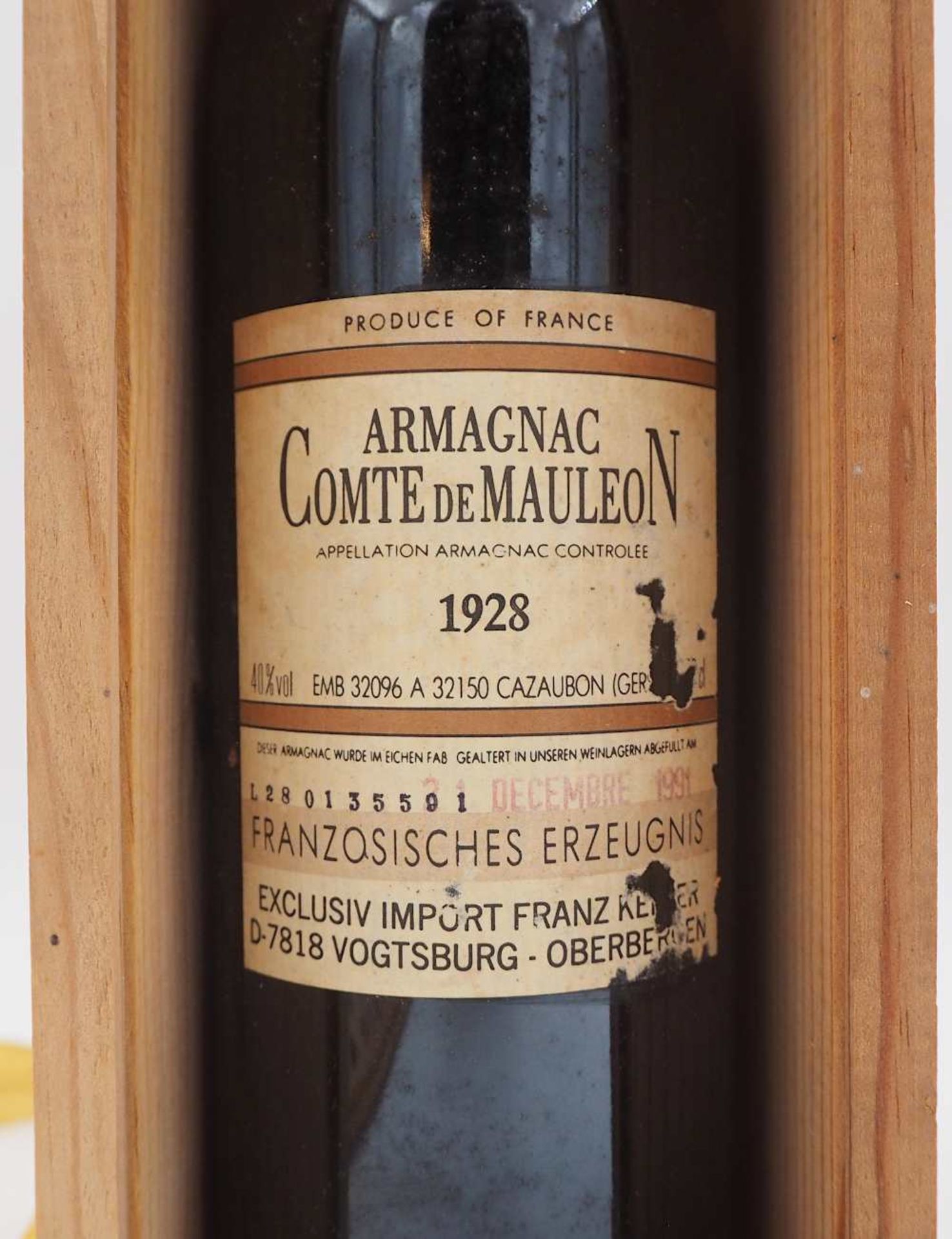 1 Flasche Armagnac Comte de Mauleon 1928 Kapsel intakt, Etikett intakt Provenienz: - Bild 2 aus 2