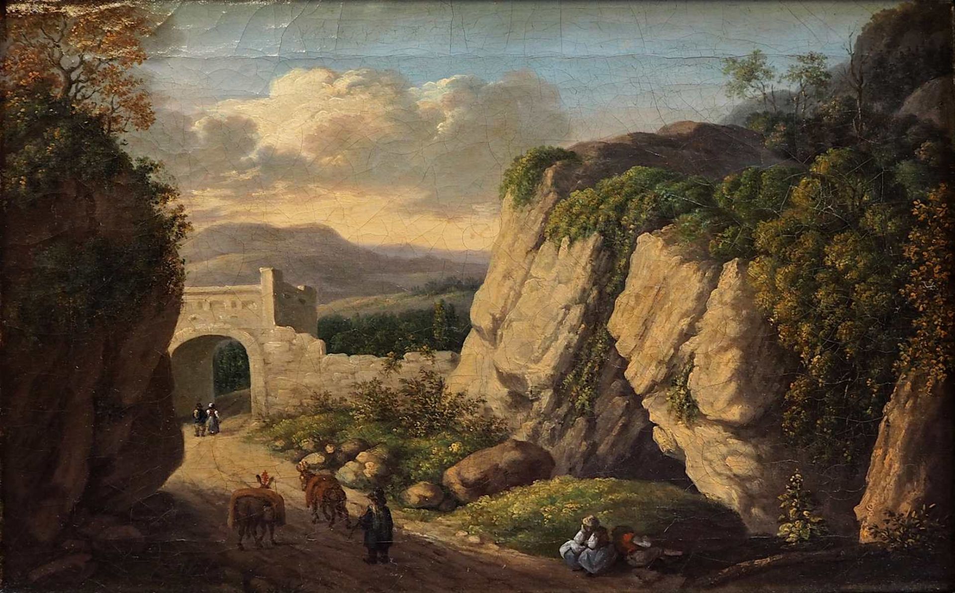 1 Ölgemälde "Landschaft mit Torbogen und Eseltreiber" unsign. (wohl um 1830) Öl/Lwd