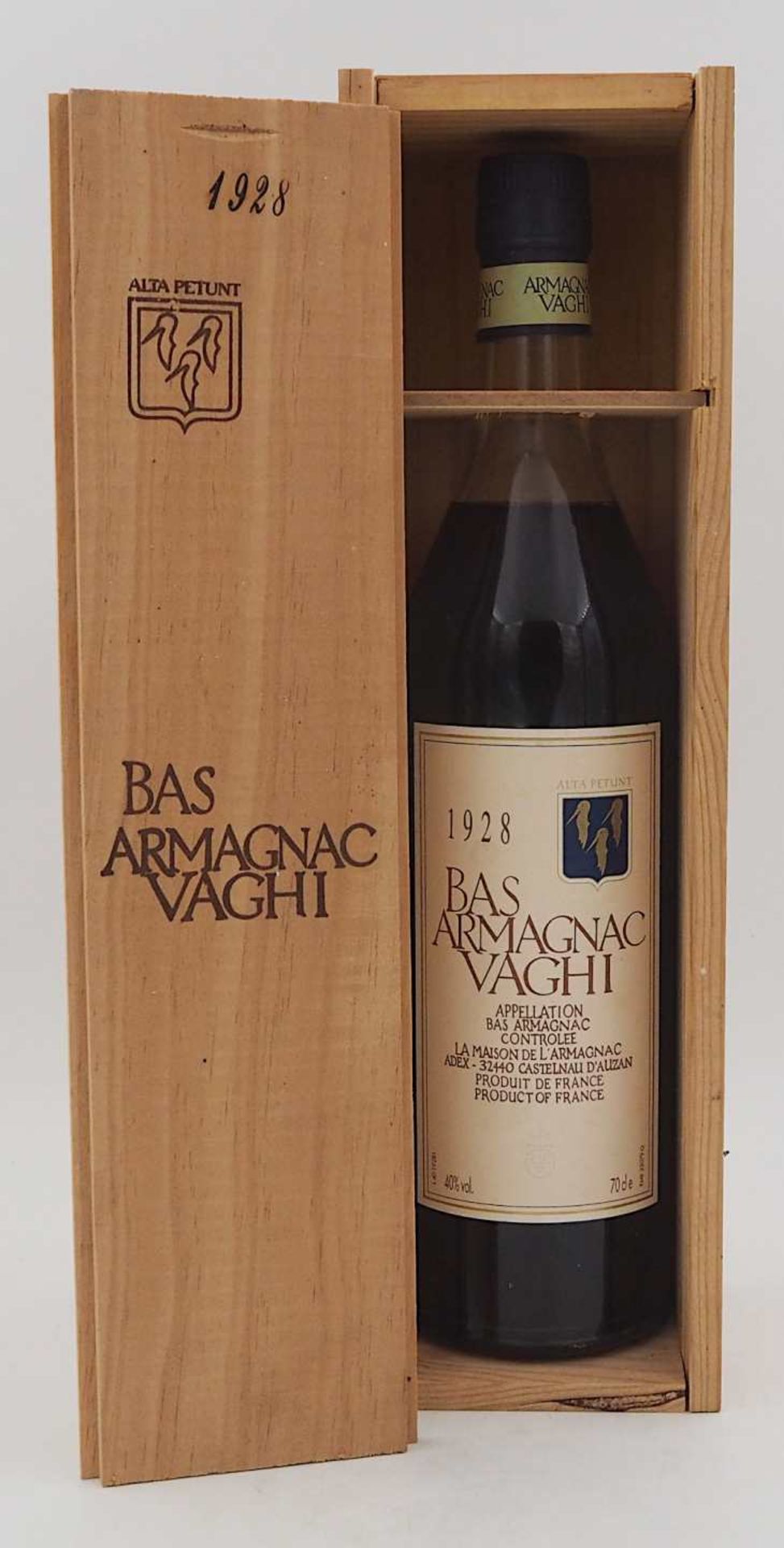 1 Flasche 1928 Bas Armagnac Vaghi in Holzkiste Provenienz: Weinkeller der Villa eines