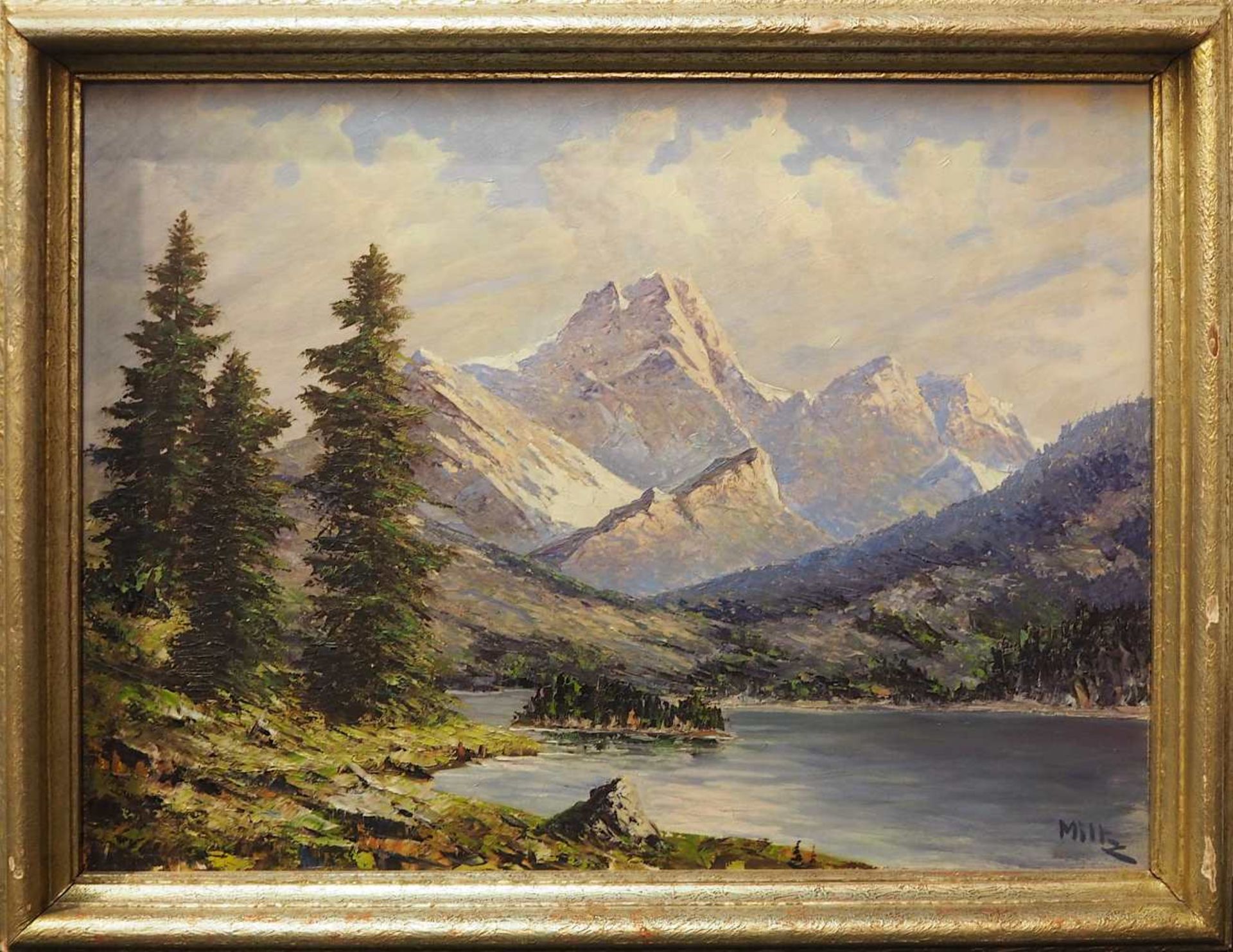 1 Ölgemälde "Eibsee mit Zugspitze" R.u. sign. MILTZ rücks. bez. Toni M. (wohl Mater - Bild 2 aus 5