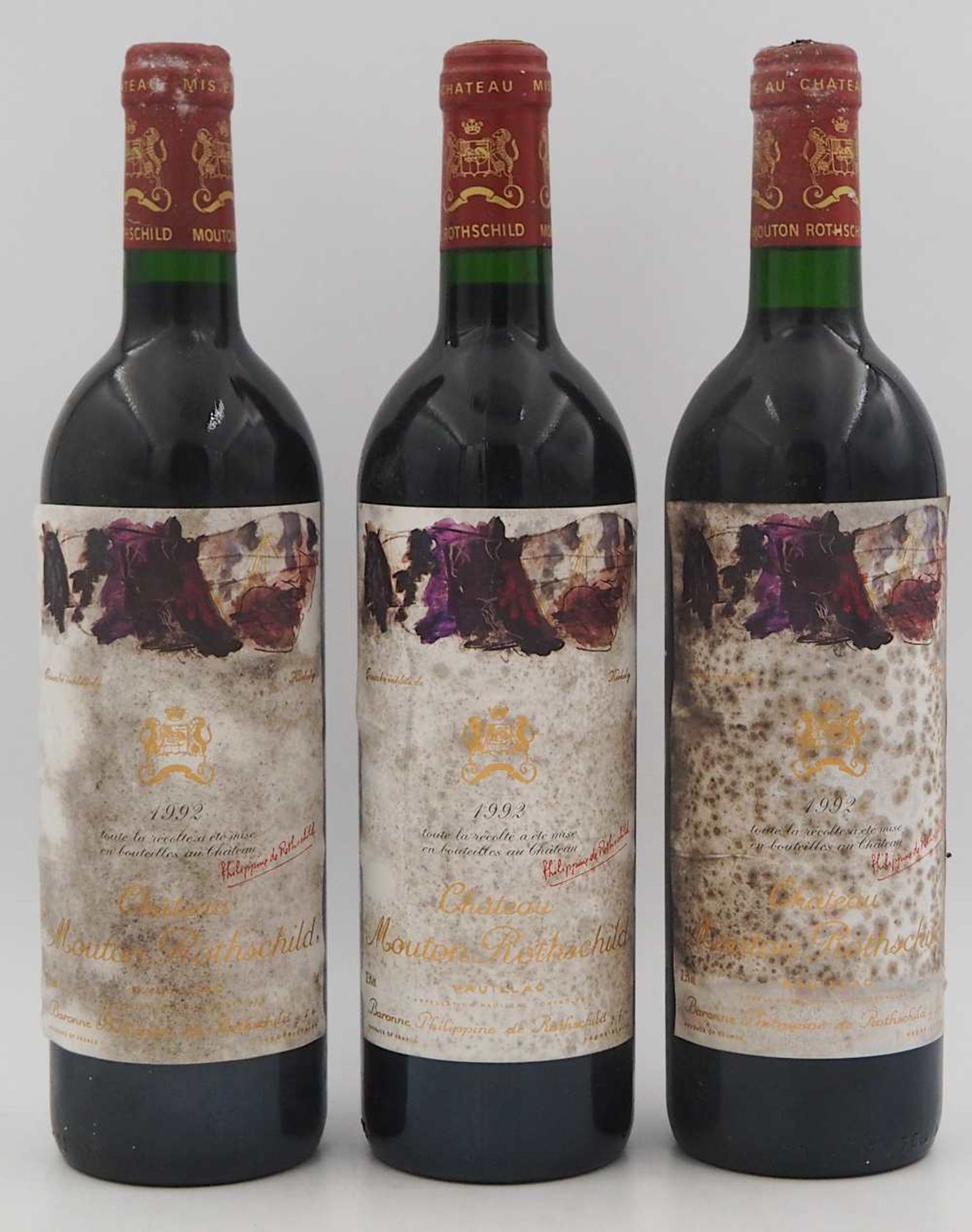 3 Flaschen Chateau Mouton Rothschild Pauillac Baronne Philippine de Rothschild 1992 Et