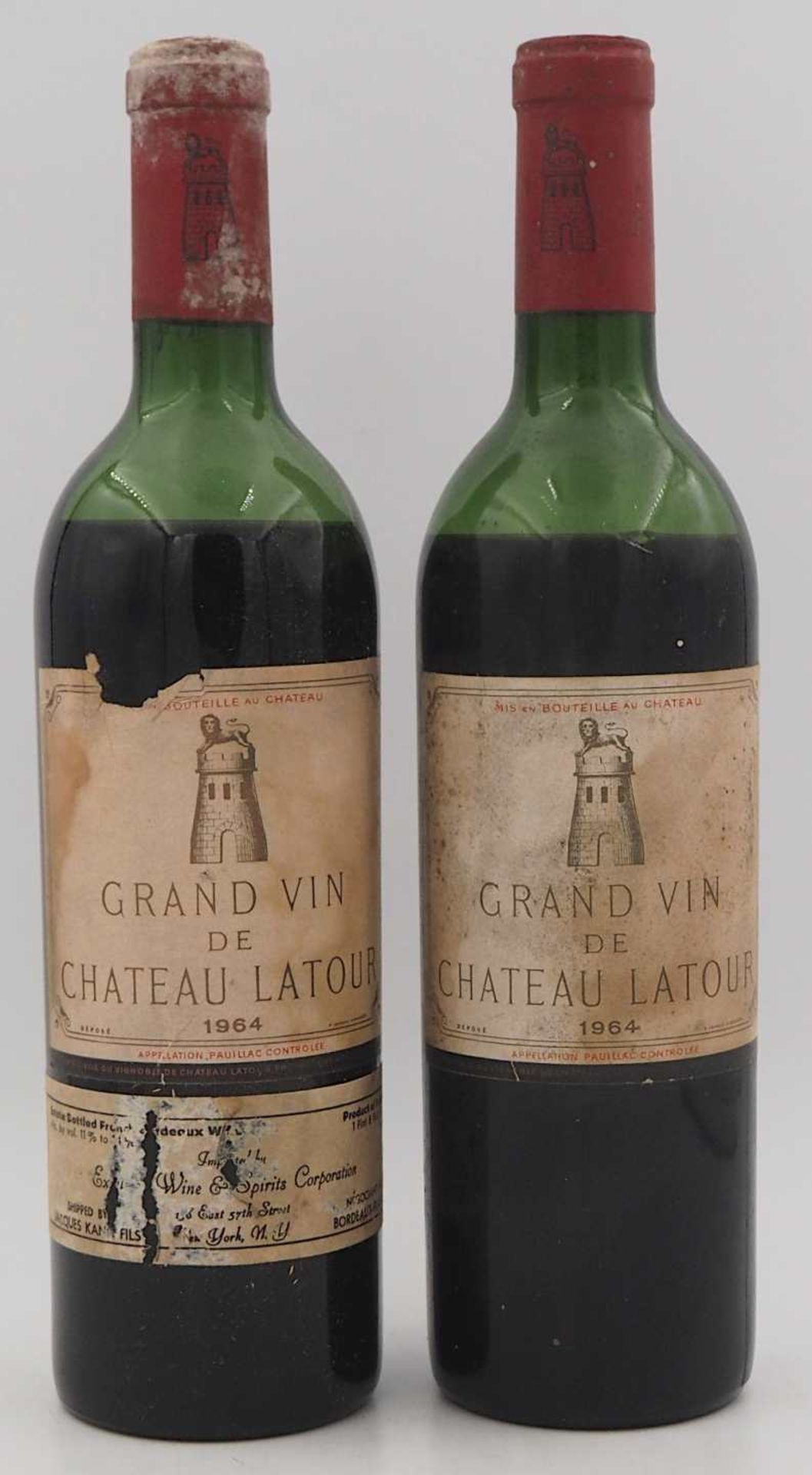 2 Flaschen Grand Vin de Chateau Latour 1964 z.T. mit Etikett Importeur, Füllstände m