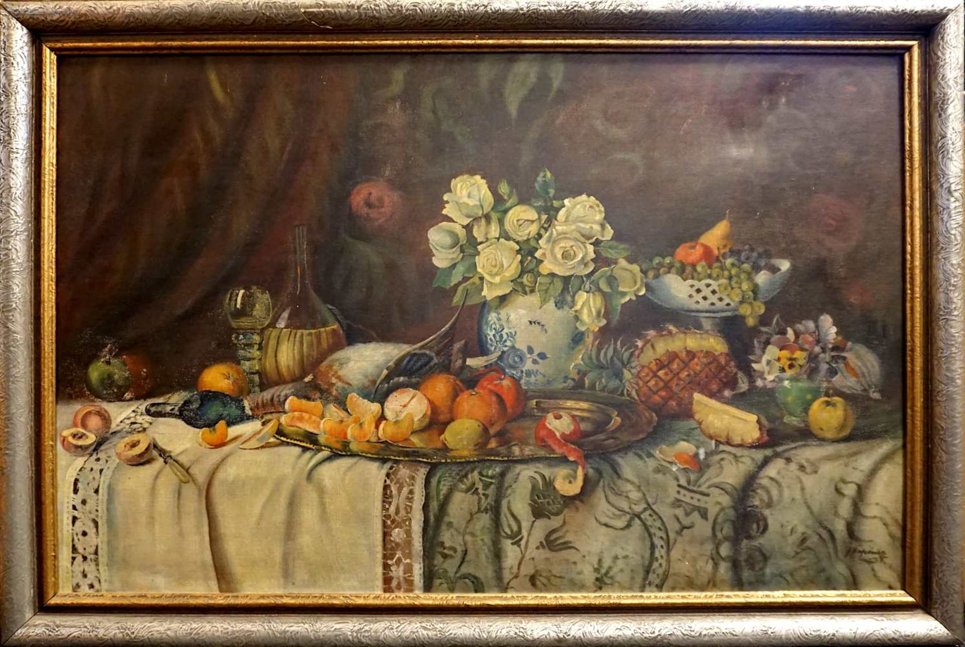 1 Ölgemälde "Blumenstillleben mit Orangen, Ananas und Wildente" R.u. undeutl. sign. J. G...</b - Bild 2 aus 4