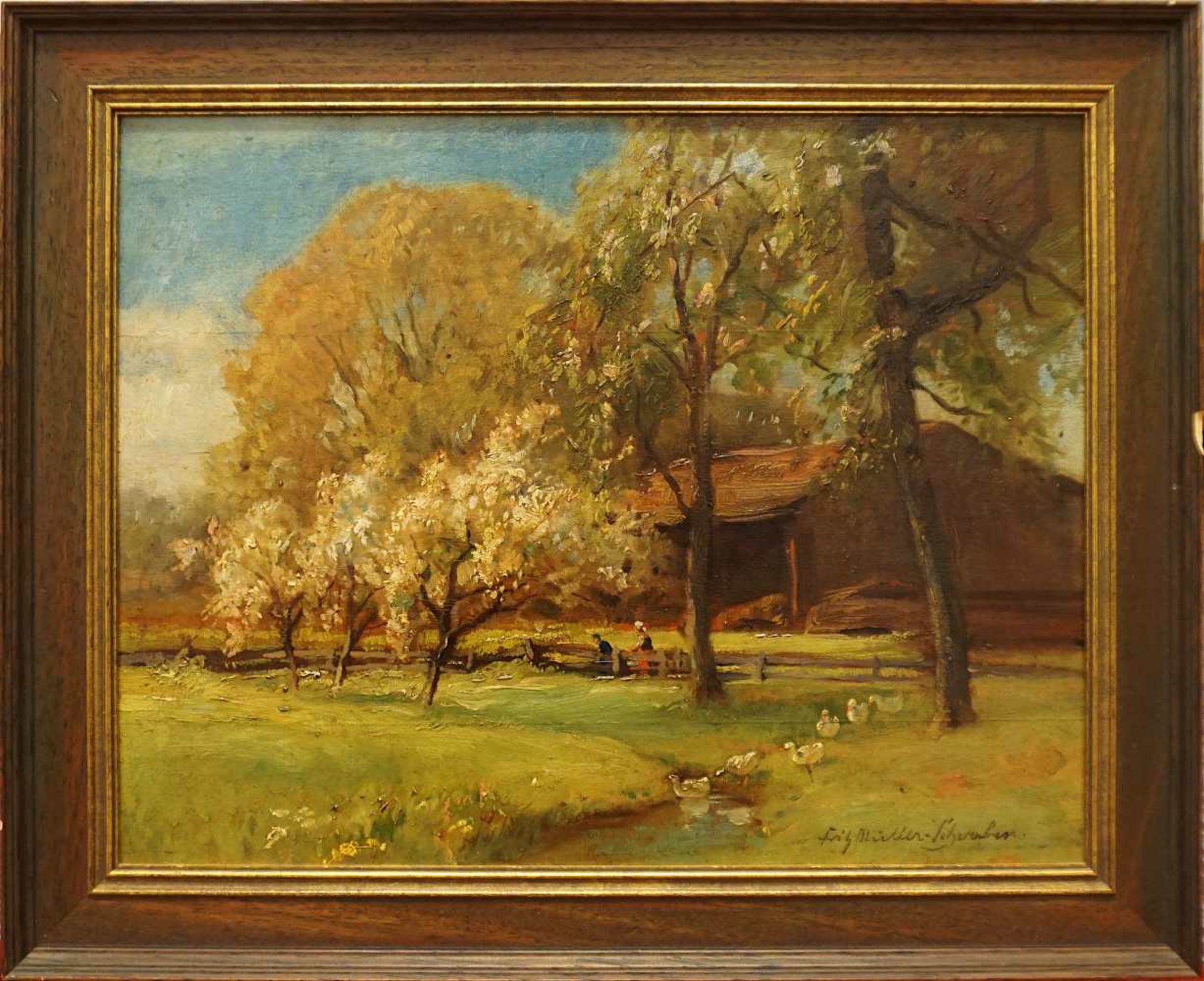 1 Ölgemälde "Frühlingsidylle mit Entenkolonne" R.u. sign. Fritz MÜLLER-SCHWABEN (w - Bild 2 aus 4