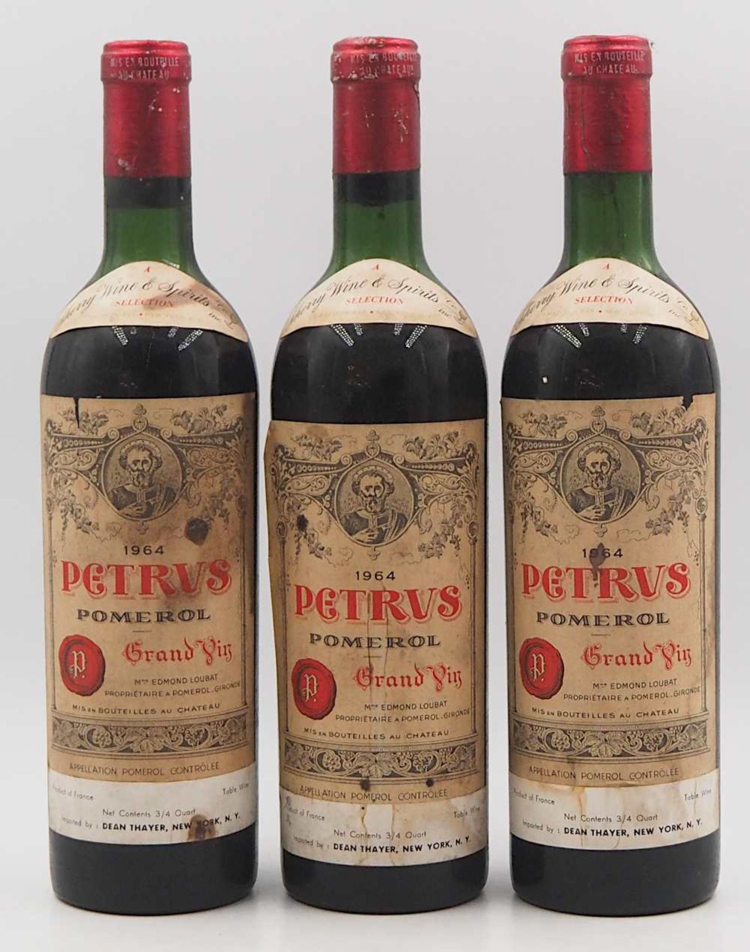 3 Flaschen Petrus Pomerol Grand Vin 1964 mit Label Dean Thayer New York Importeur, Fü