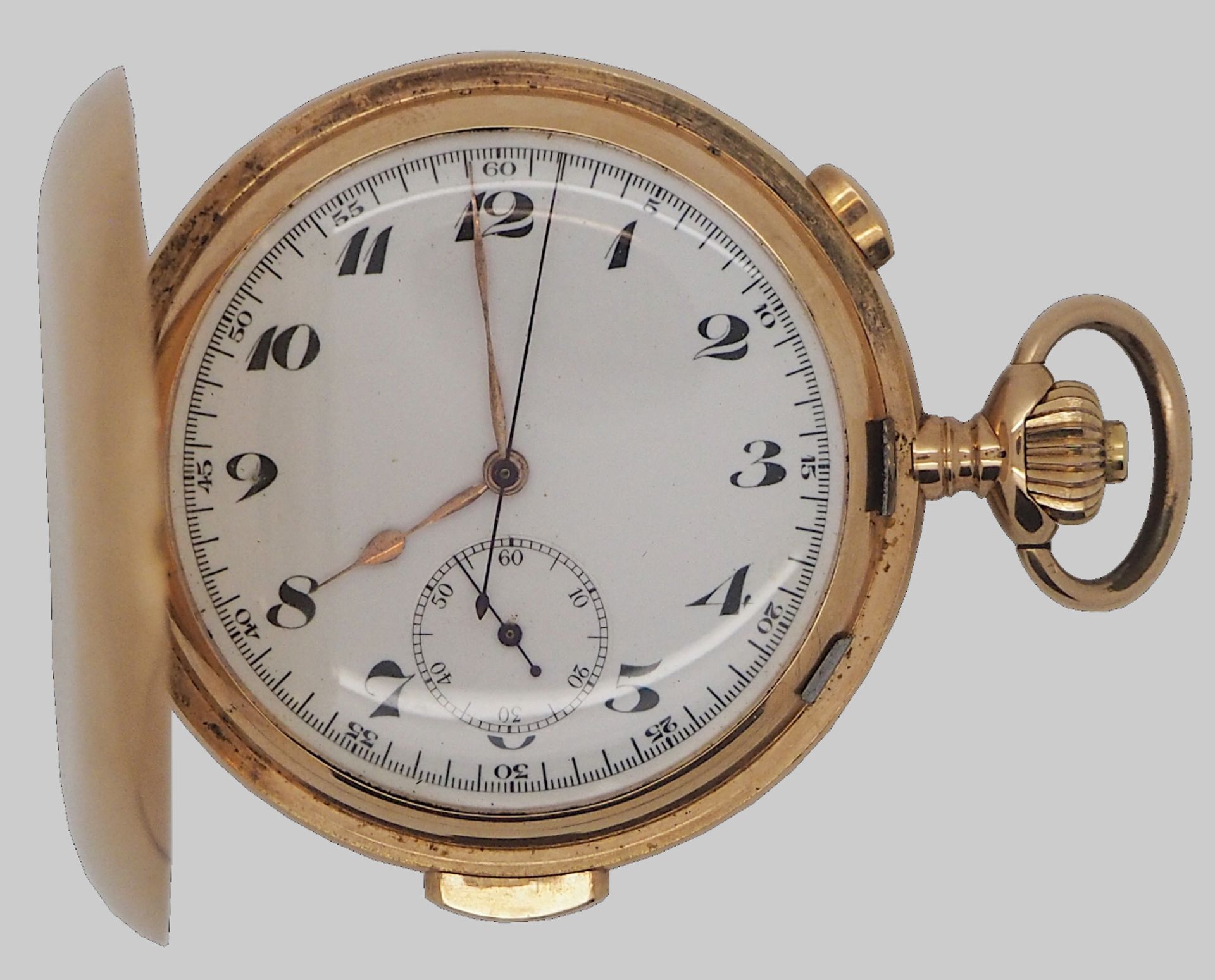 1 Taschenuhr GG 14ct., um 1900, gemarkt mit Schweizer Goldbeschauzeichen Ziffernblatt