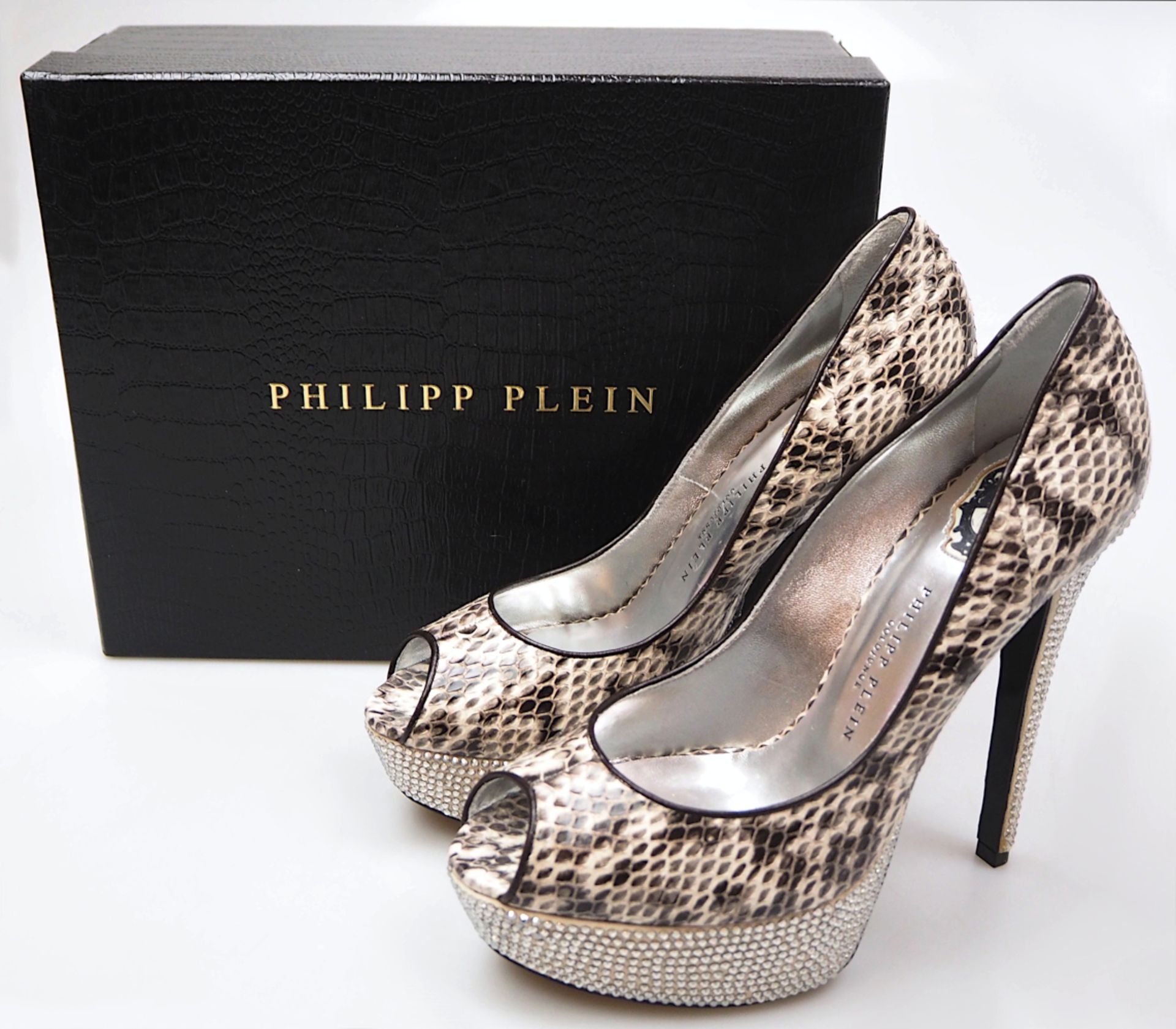 1 Paar High Heels/ Peeptoes PHILIPP PLEIN mit SWAROVSKI-Steinen wohl ungetragen im Originalkart