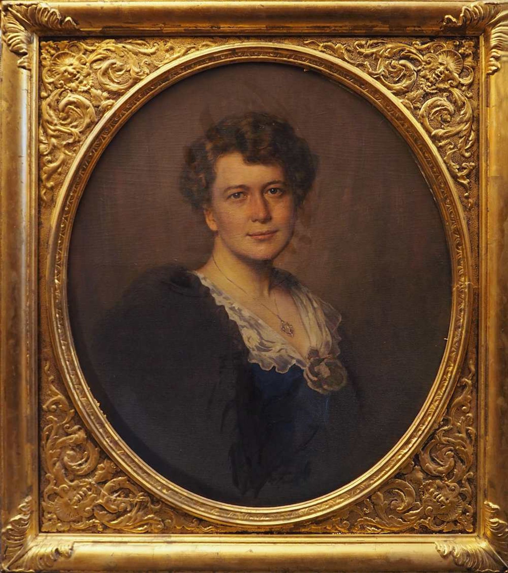 1 Ölgemälde "Portraitmedaillon einer Frau mit Pelzstola und Perlenmedaillon" R. u. sign. R. ST