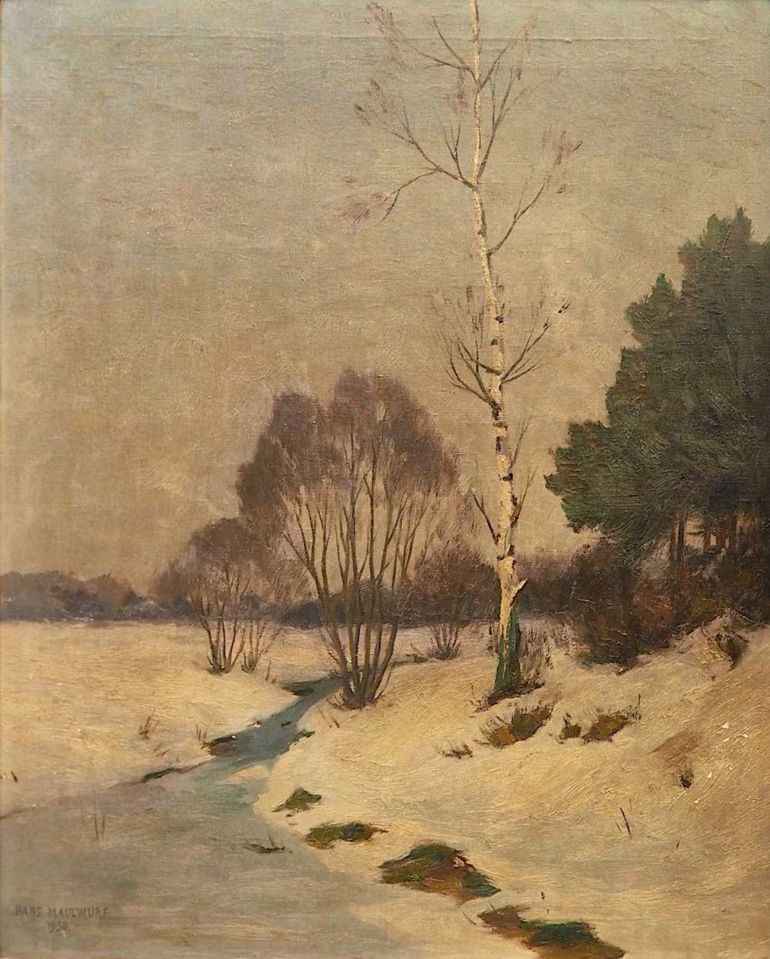 1 Ölgemälde "Einsame Birke am winterlichen Bachlauf" L.u. sign. Hans MAULWURF (wohl