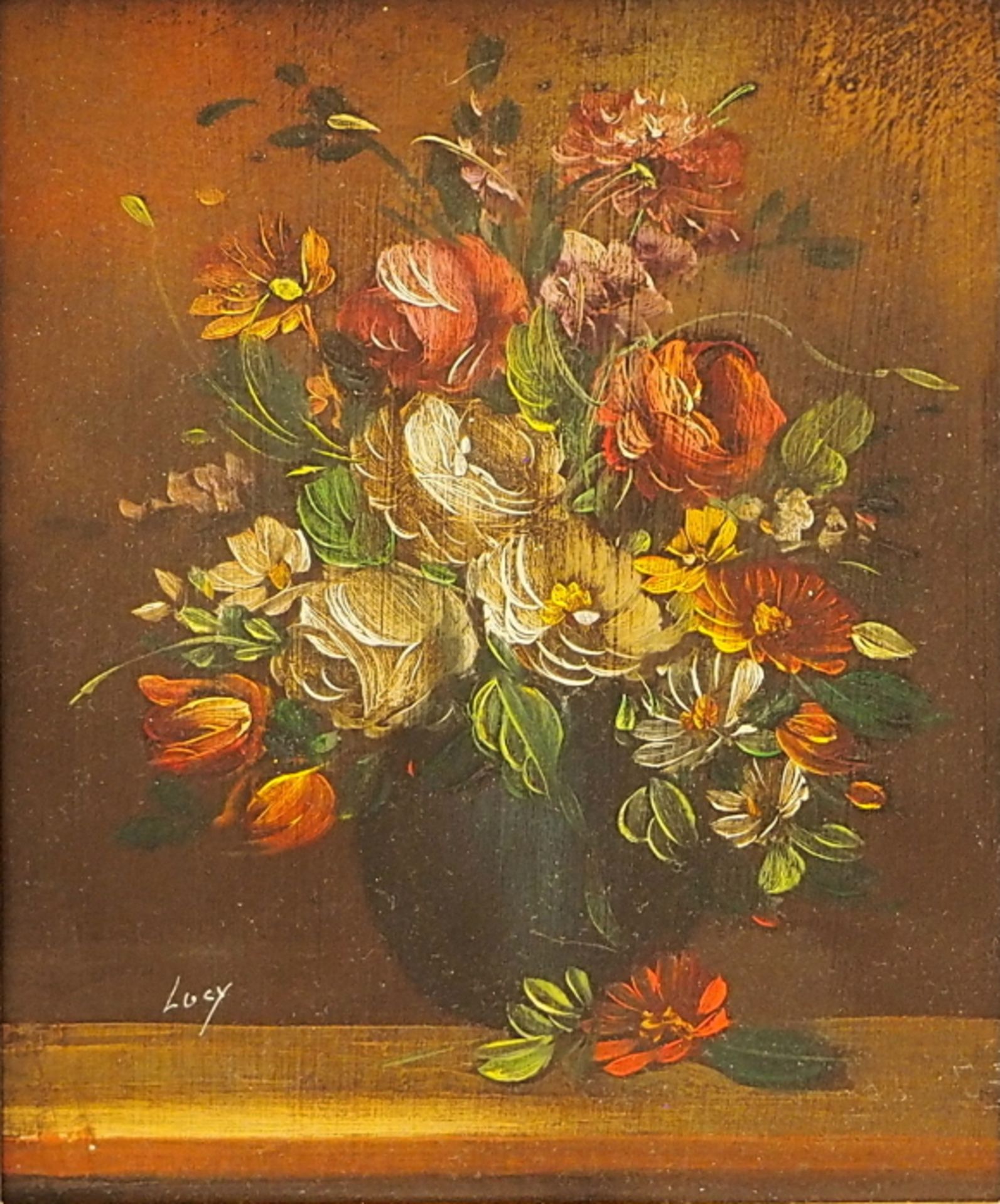 1 Öl-/Metallbild "Blumenstillleben", L.u. signiert LUCY (wohl 20. Jh.) Öl/Blech, ca.