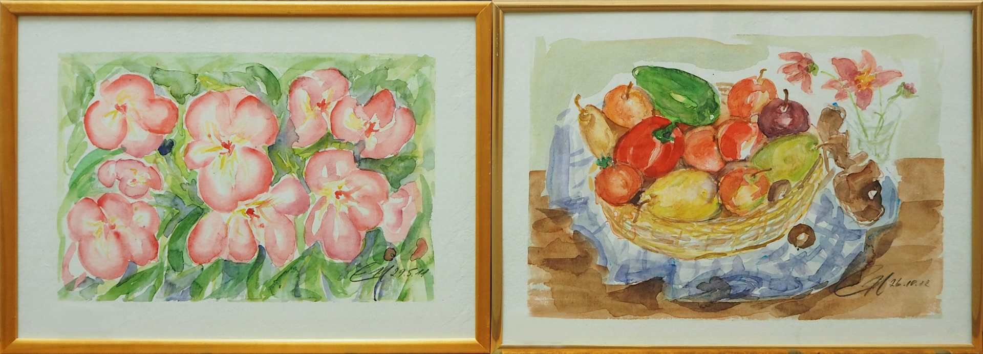 1 Konv. Aquarelle je monogrammiert "En" (wohl 20./21. Jh.): "Obststilllleben", "Mohnbl