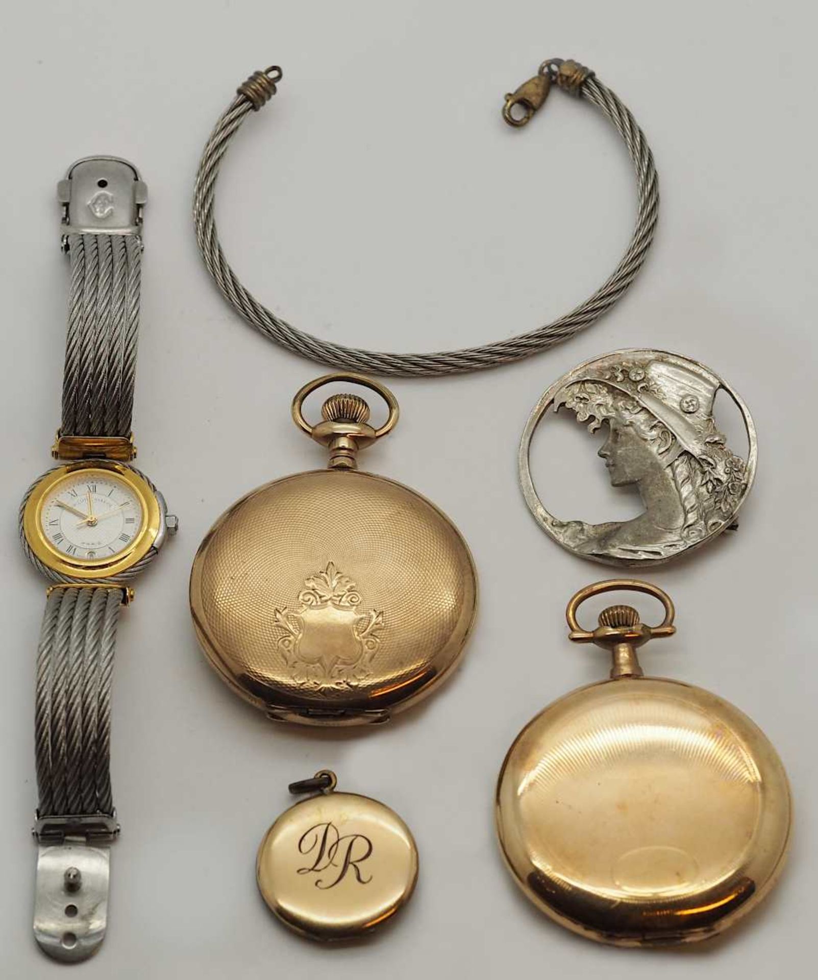 2 Taschenuhren verg. z.T. besch. sowie 1 Armbanduhr P. CHARRIOL Quartz sowie min. Schmuck u.a.</