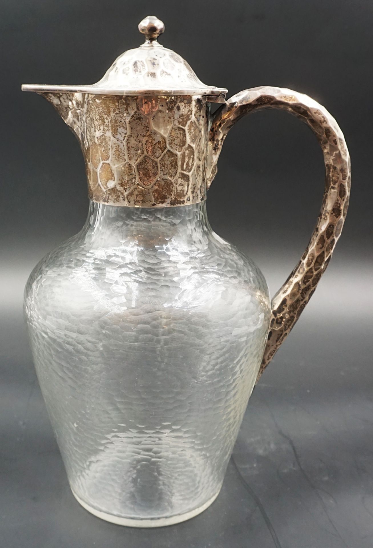 1 Kanne Glas geschliffen mit Silbermontierung/-henkel 800, um 1900/10, deutsch, Herstellerstempe