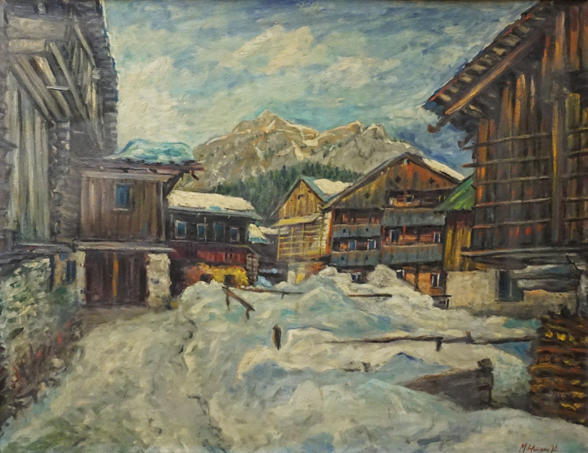 1 Ölgemälde "Gebirgsdorf im Schnee" R.u. sign. M. ROMANO (wohl Michele R. * 1925), d