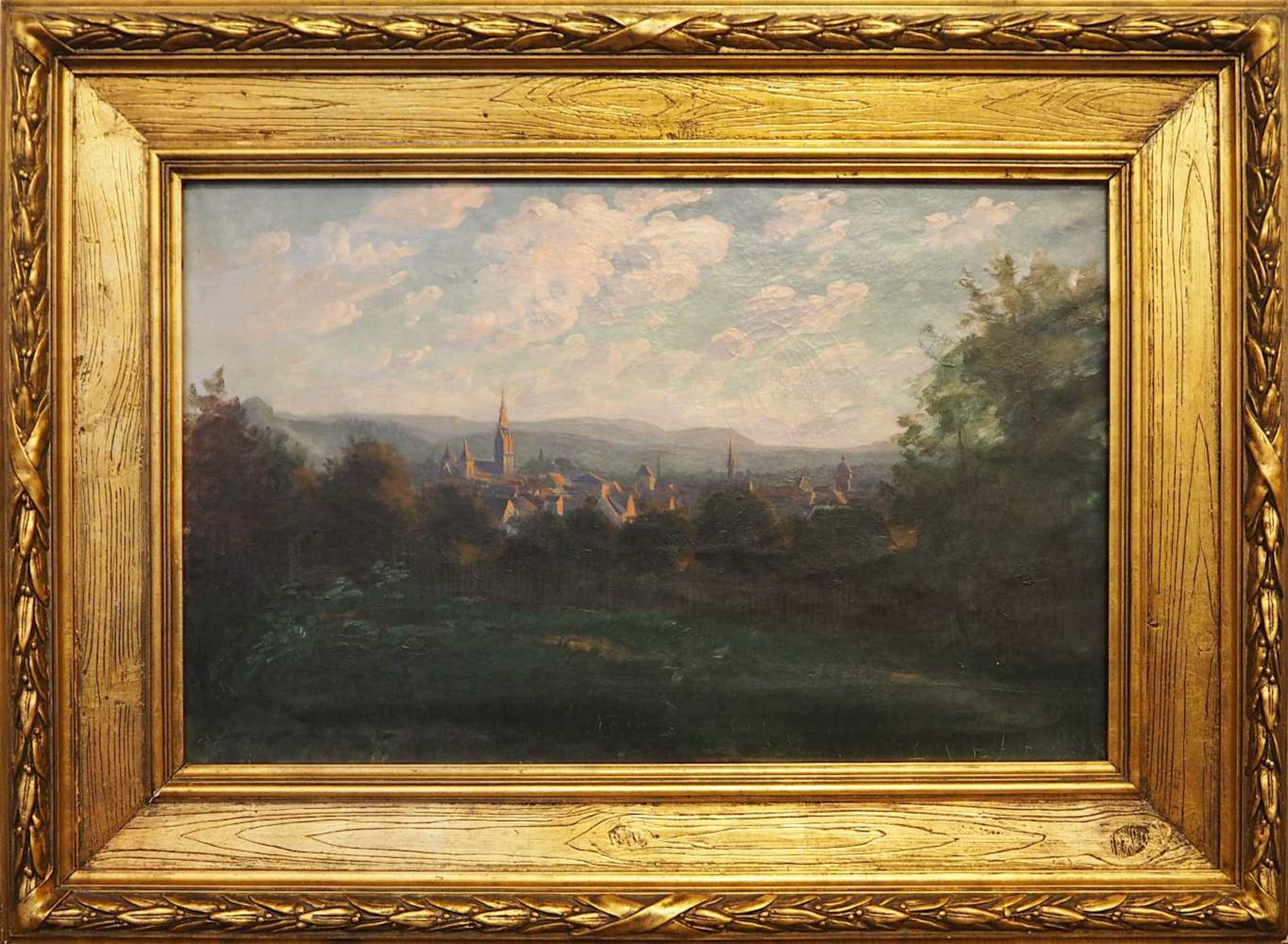 1 Ölgemälde "Abendstimmung über einer Stadt" unsign. (wohl 20. Jh.) Öl/Lwd., ca. 4 - Bild 2 aus 3