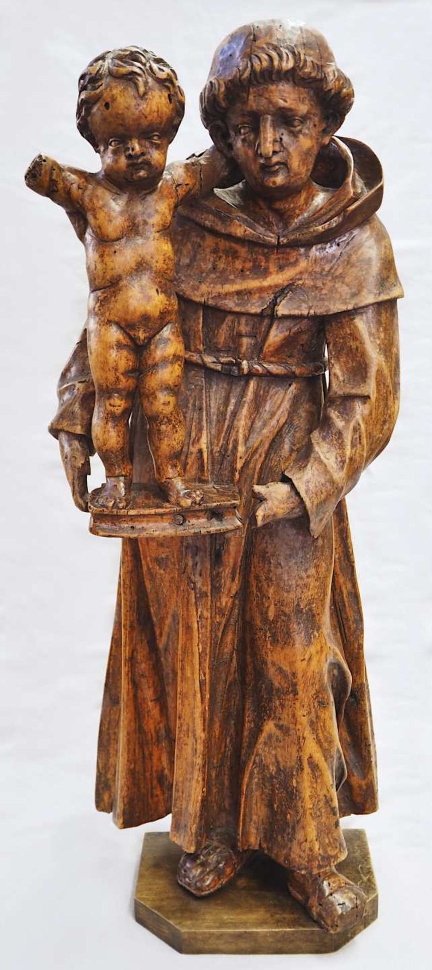 1 Holzfigur/Wandapplike 20. Jh. „Hl. Antonius von Padua" Dreiviertelfigur auf Holzso