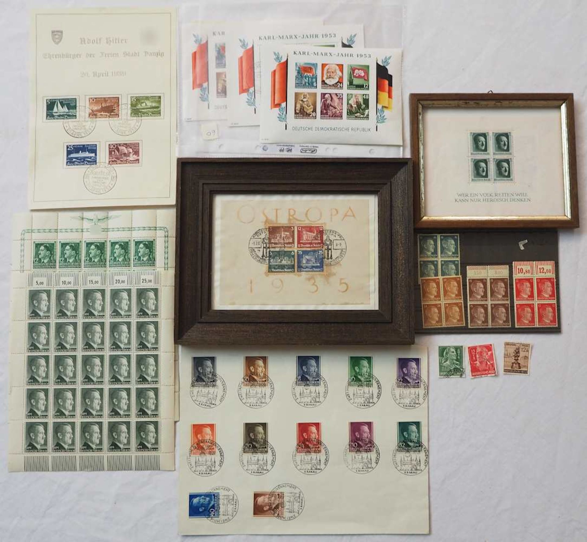 1 Konv. Briefmarken 3. Reich auf mehreren Blättern sowie Blöcke "Großdeutsches Reic