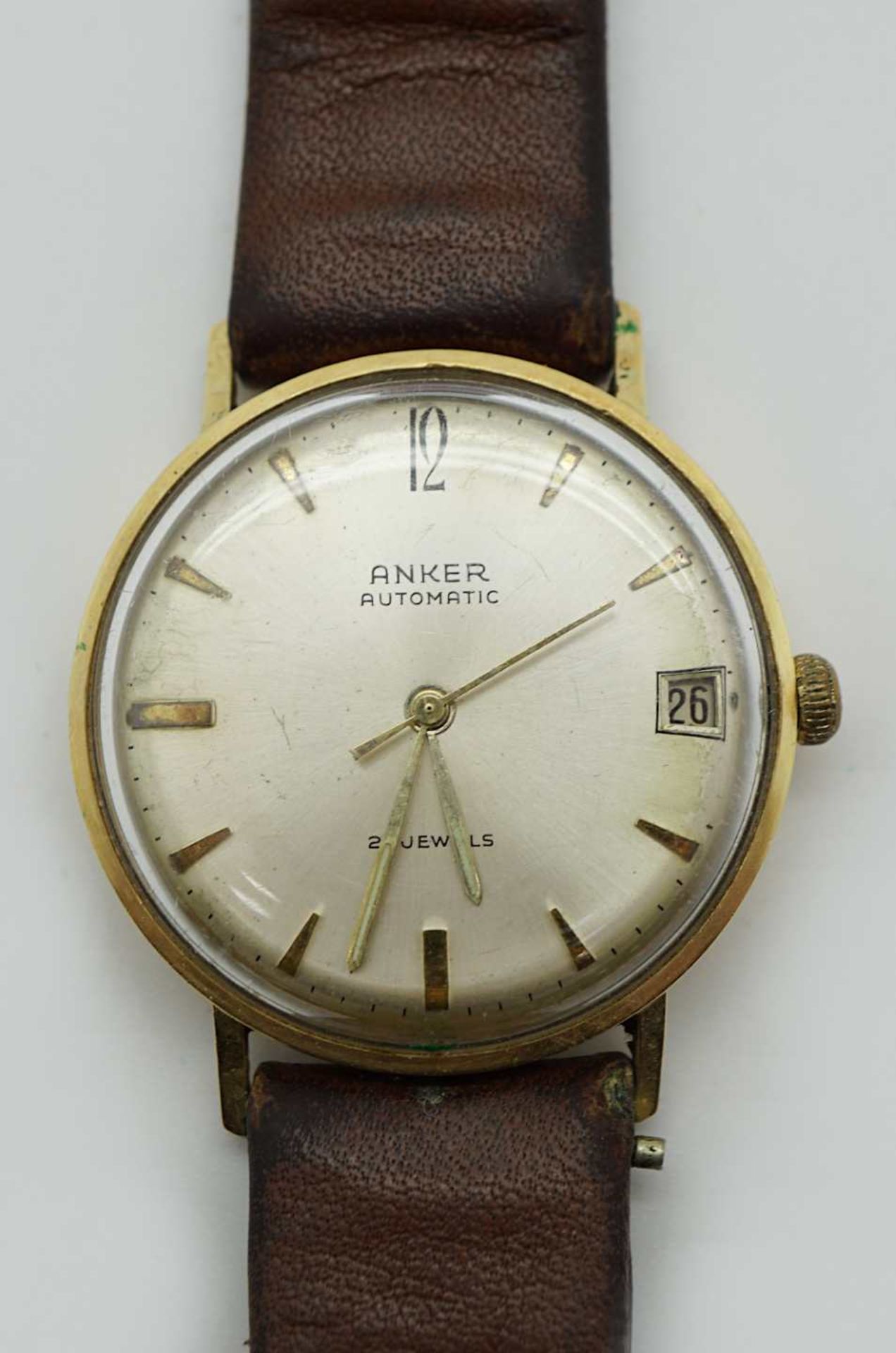 1 Herrenarmbanduhr ANKER Automatic Gehäuse GG 14ct. Lederband Tsp./min. besch.