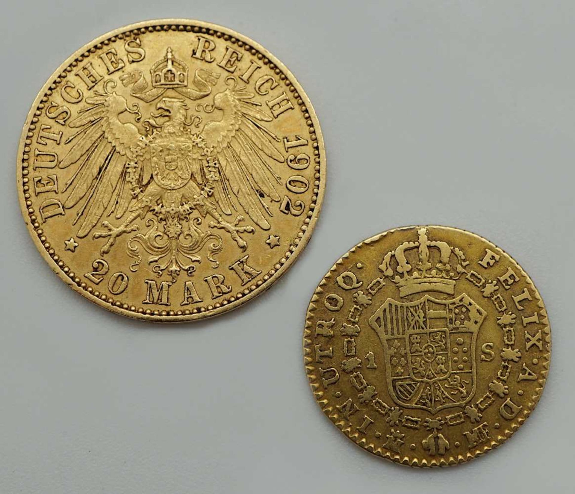 2 Goldmünzen "Wilhelm II. Deutscher Kaiser" 20 Mark 1902 und "Carol IIII D G" 1799 Gsp. <br - Bild 2 aus 2