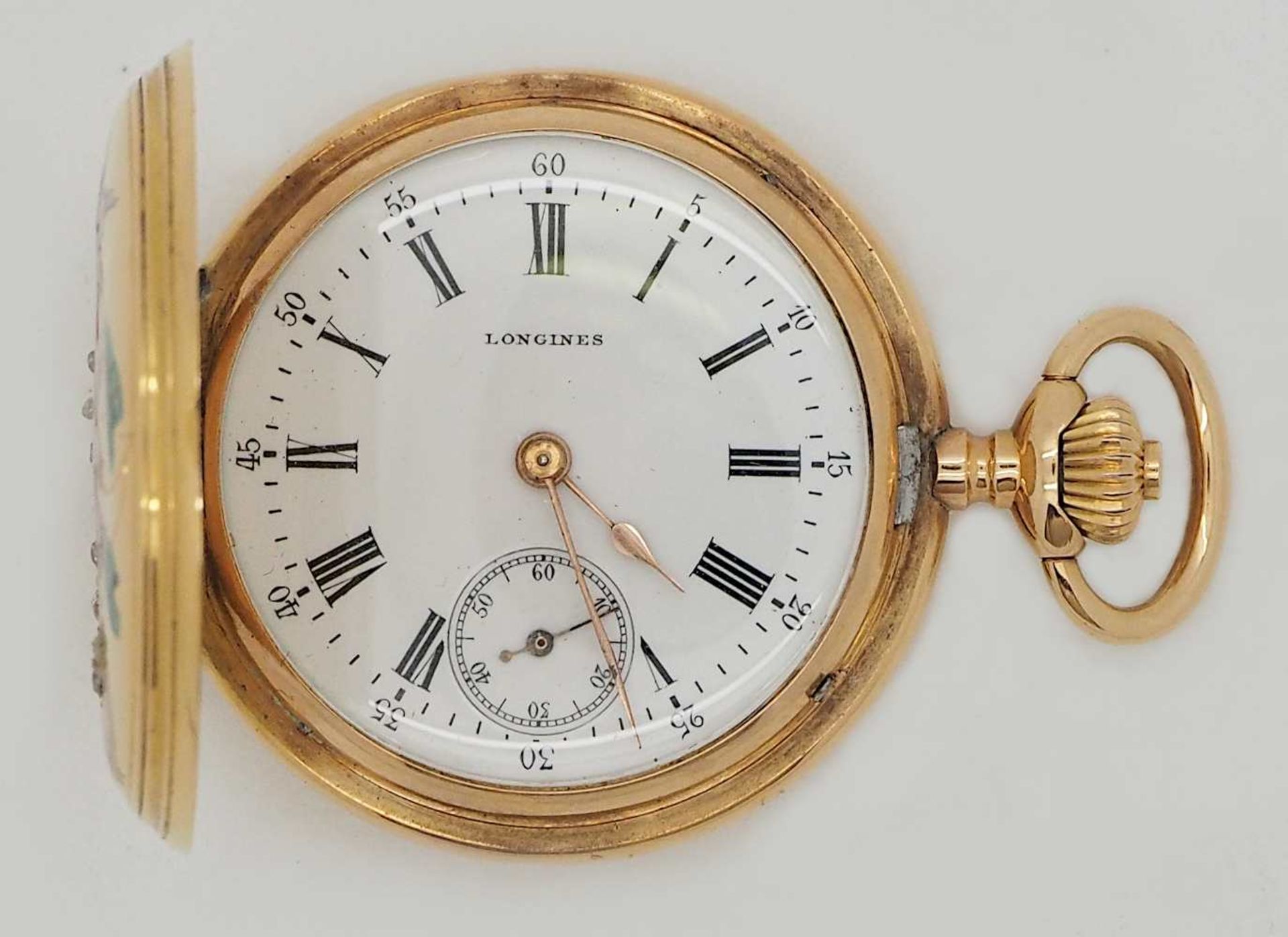 1 Damentaschenuhr LONGINES GG 18ct. um 1900 wohl Jugendstil Emaille verziert Blütendekor Diam.< - Bild 2 aus 2