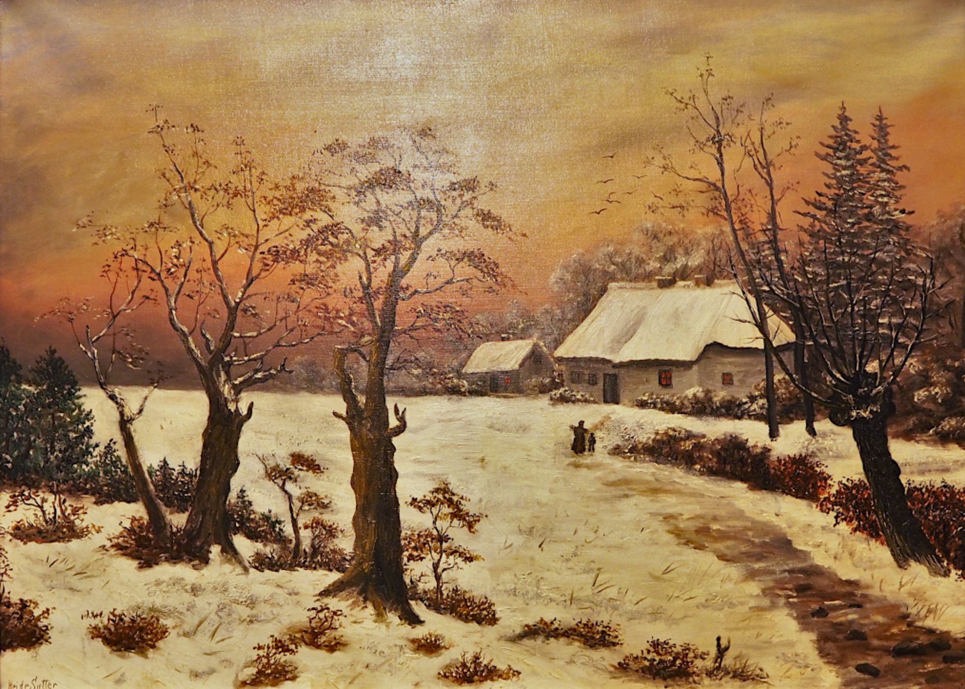 1 Ölgemälde "Winterliche Landschaft mit Reisigsammler im Abendrot" L.u. sign. Heide SUTTER