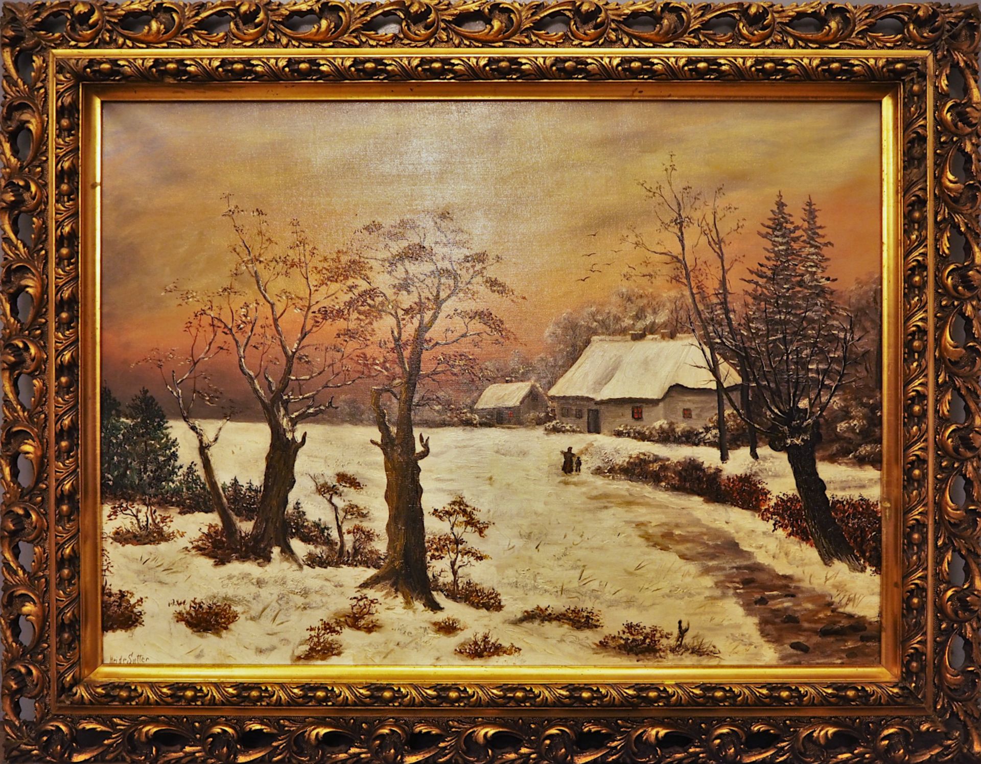 1 Ölgemälde "Winterliche Landschaft mit Reisigsammler im Abendrot" L.u. sign. Heide SUTTER - Bild 2 aus 4