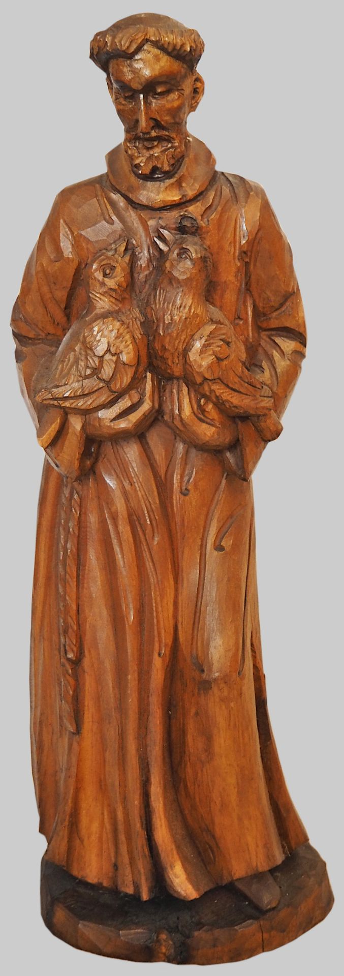 1 Holzfigur nztl. unbemalt "Hl. Franziskus mit Vogelpaar"