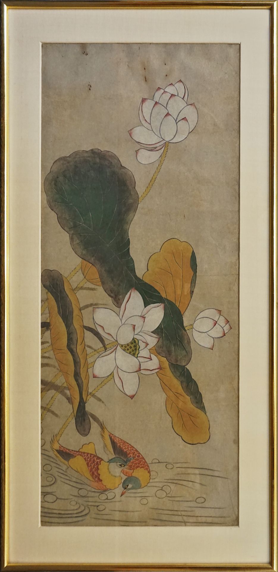 1 Wandbild wohl kolorierte Zeichnung Asien, wohl 20. Jh. "Lotusblumen mit Wasservögeln" - Image 2 of 3